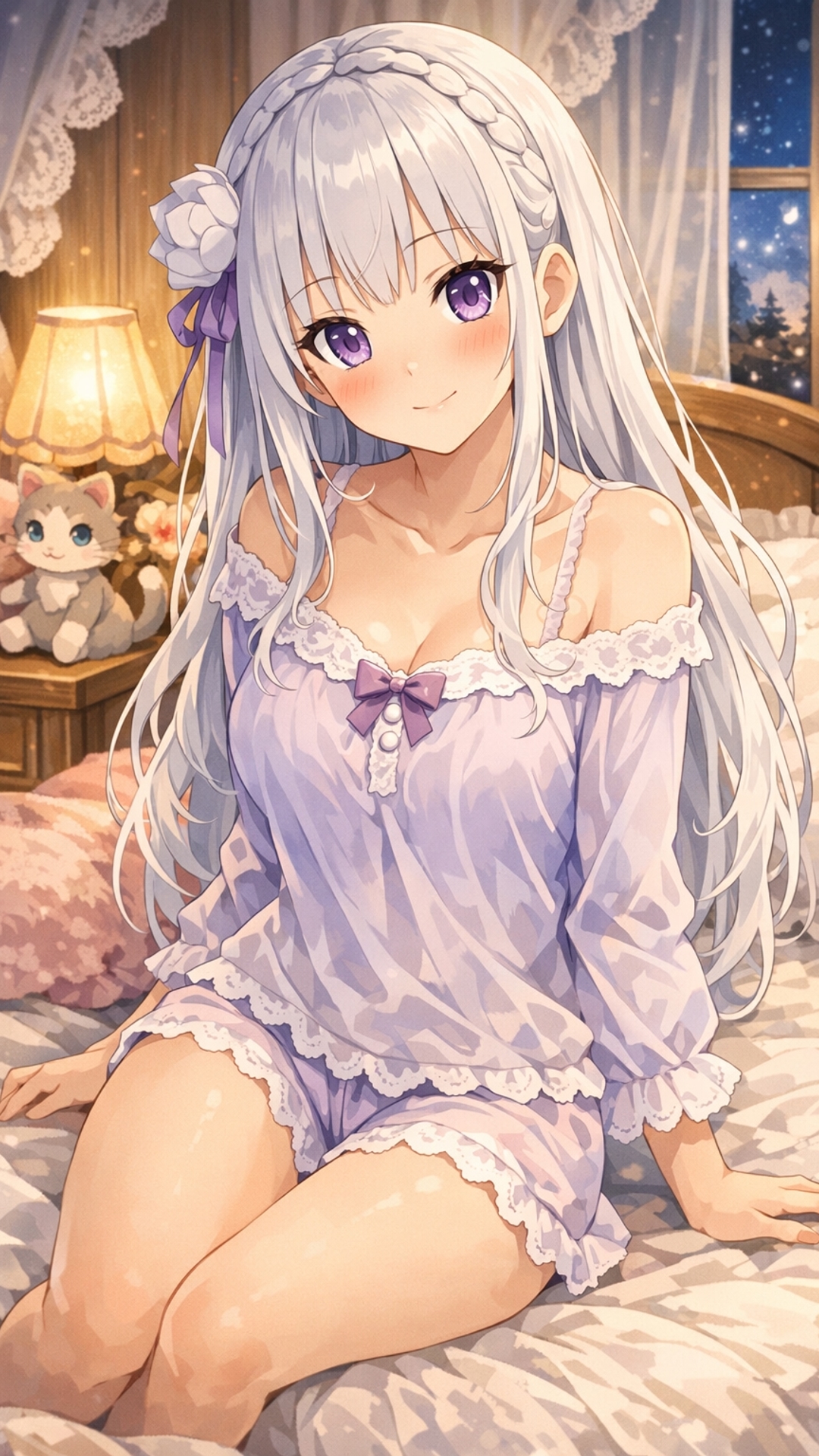 wygeneruj emilie z re:zero  by była w piżamie i patrzyla się na mnie by był;a urocza a zarazem pienkja na lozku 