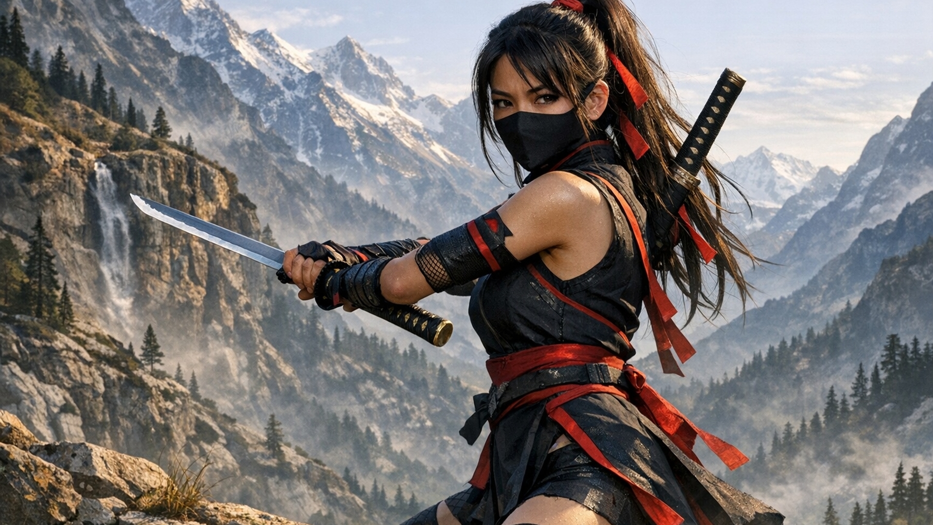 A kunoichi holding a katana in the mountians