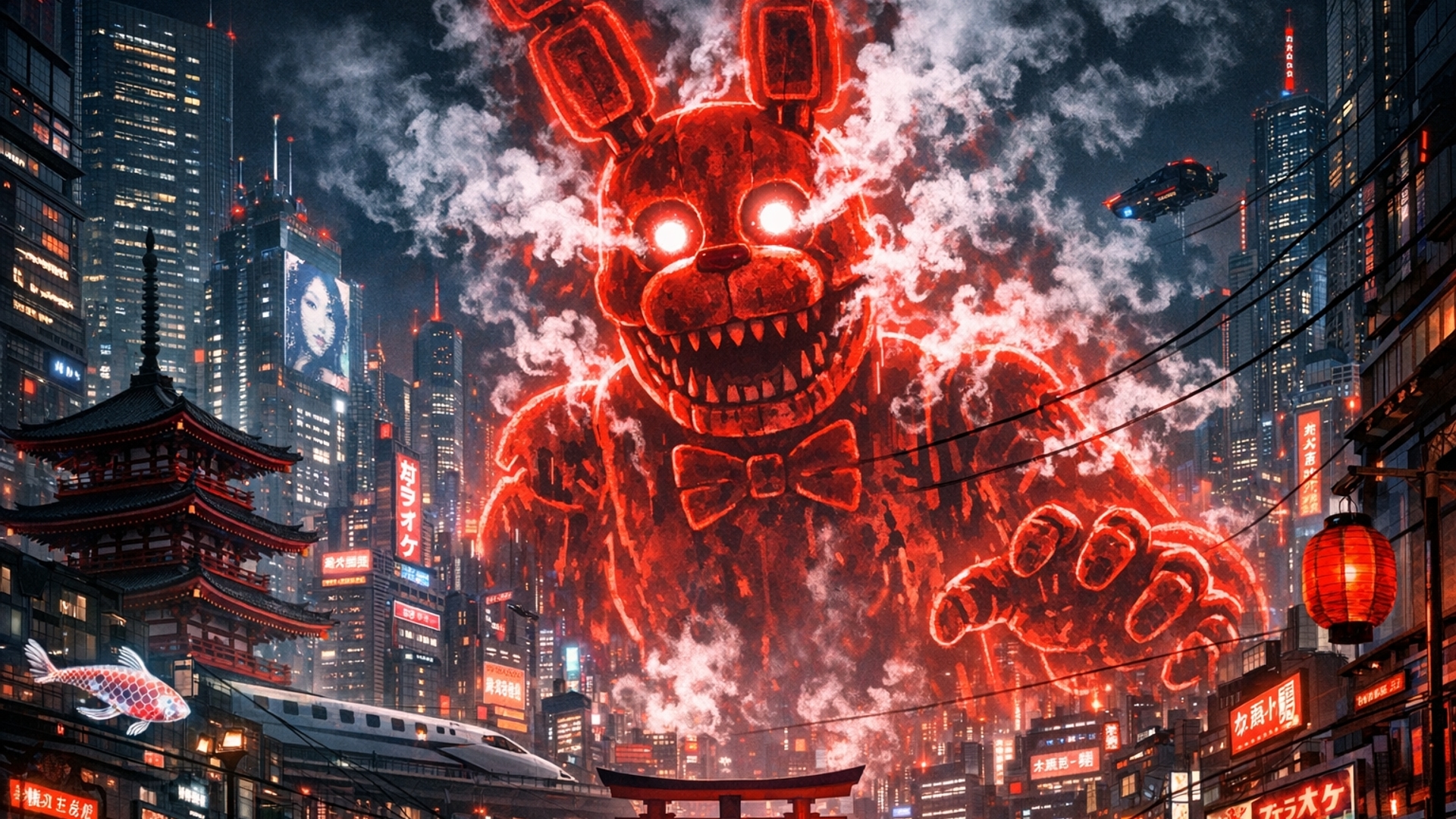 Ghostbonni in the background in red outline with white smoke coming from it with a future japan in the back 
