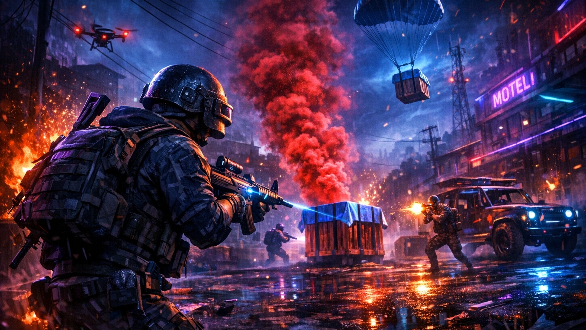 generate animated wallpapers with gameplay scene of PUBG game with dark neon effects