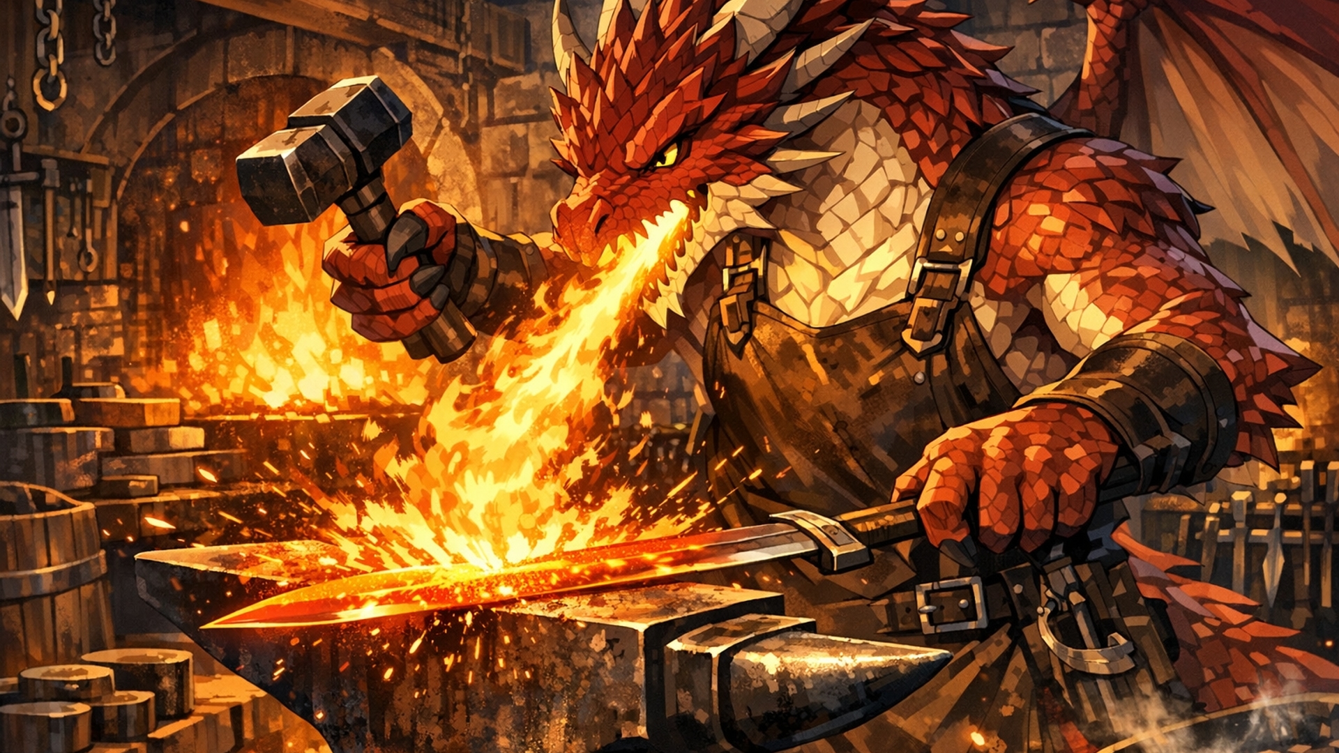 a dragon working in a blacksmith shop hammering on a sword on the anvil using his flame to heat the sword