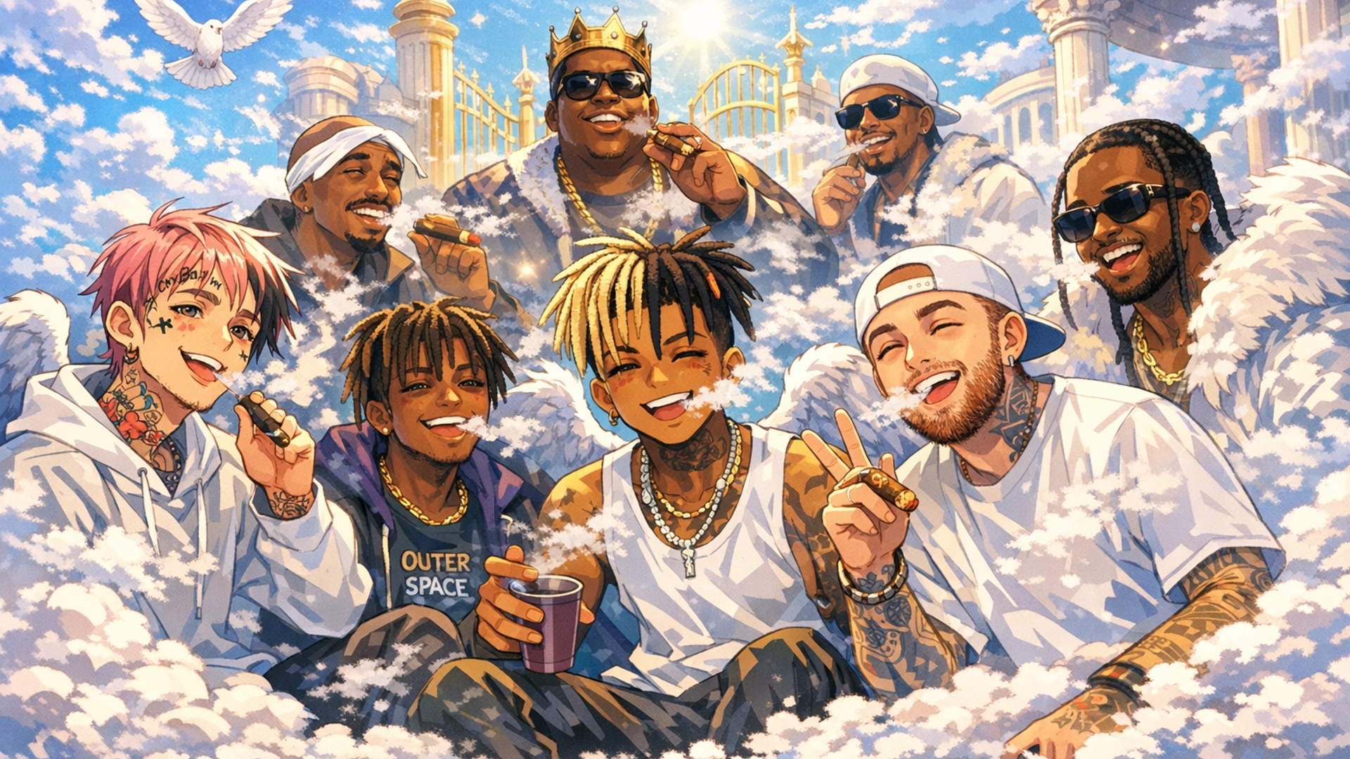 Lil peep, Juice Wrld, Xxxtentacion, mac miller and many other deceased rappers smoking and chilling in heaven 