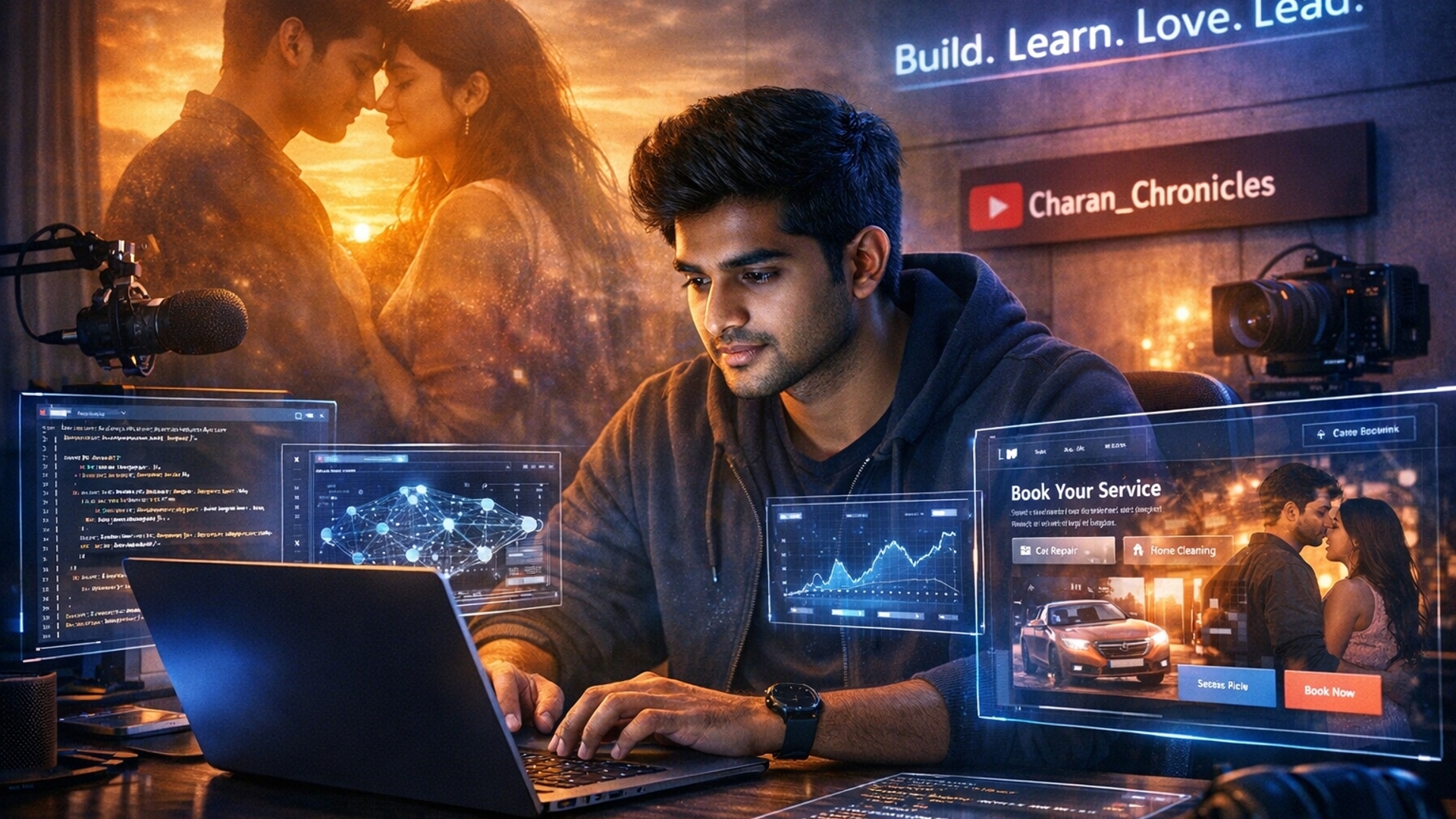A cinematic ultra-realistic wallpaper of a young Indian computer science student sitting late at night in front of a glowing laptop, coding a futuristic website interface. Multiple holographic screens float around him showing AI algorithms, Java code, machine learning graphs, and a modern service-booking website UI. Behind him, a soft double exposure scene of a romantic memory under warm sunset light, symbolizing love and motivation. On one side, a YouTube studio setup with a mic and camera labeled 