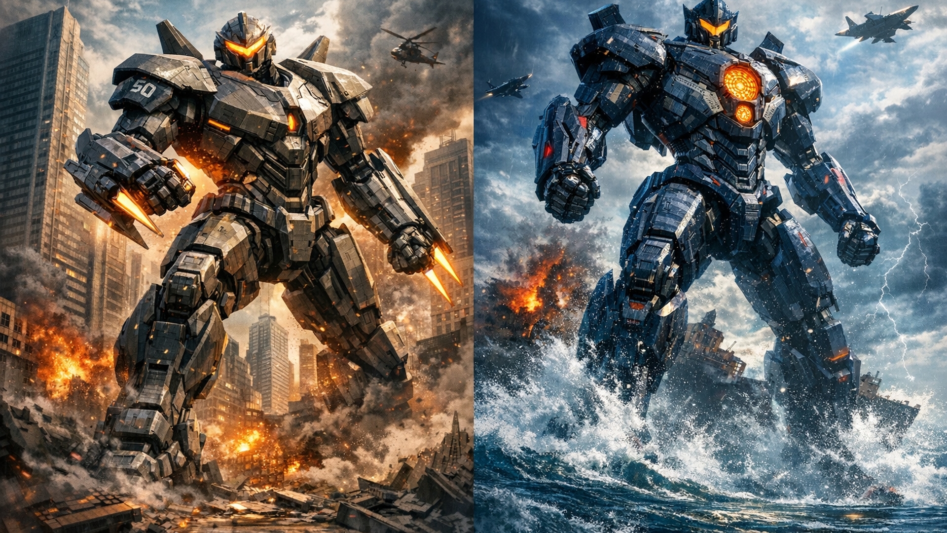 Can you create an image of stricker eureka and another image of jypys avenger  from the movie parcific rim both pictures should contain each robot standing in a cool pose something I could use as my desktop wallpaper you can gimme different pictures for me to choose from oh and gimme those pictures in full HD quality and you can make some pictures be in the middle of the city and some standing on the ocean just be creative and gimme something that screams action 