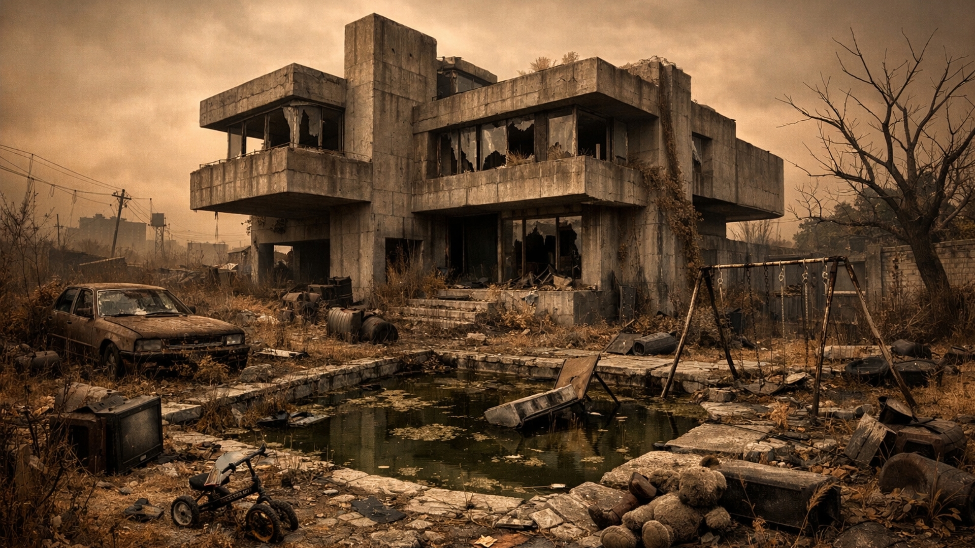 Brutalist house with a yard apocalypse