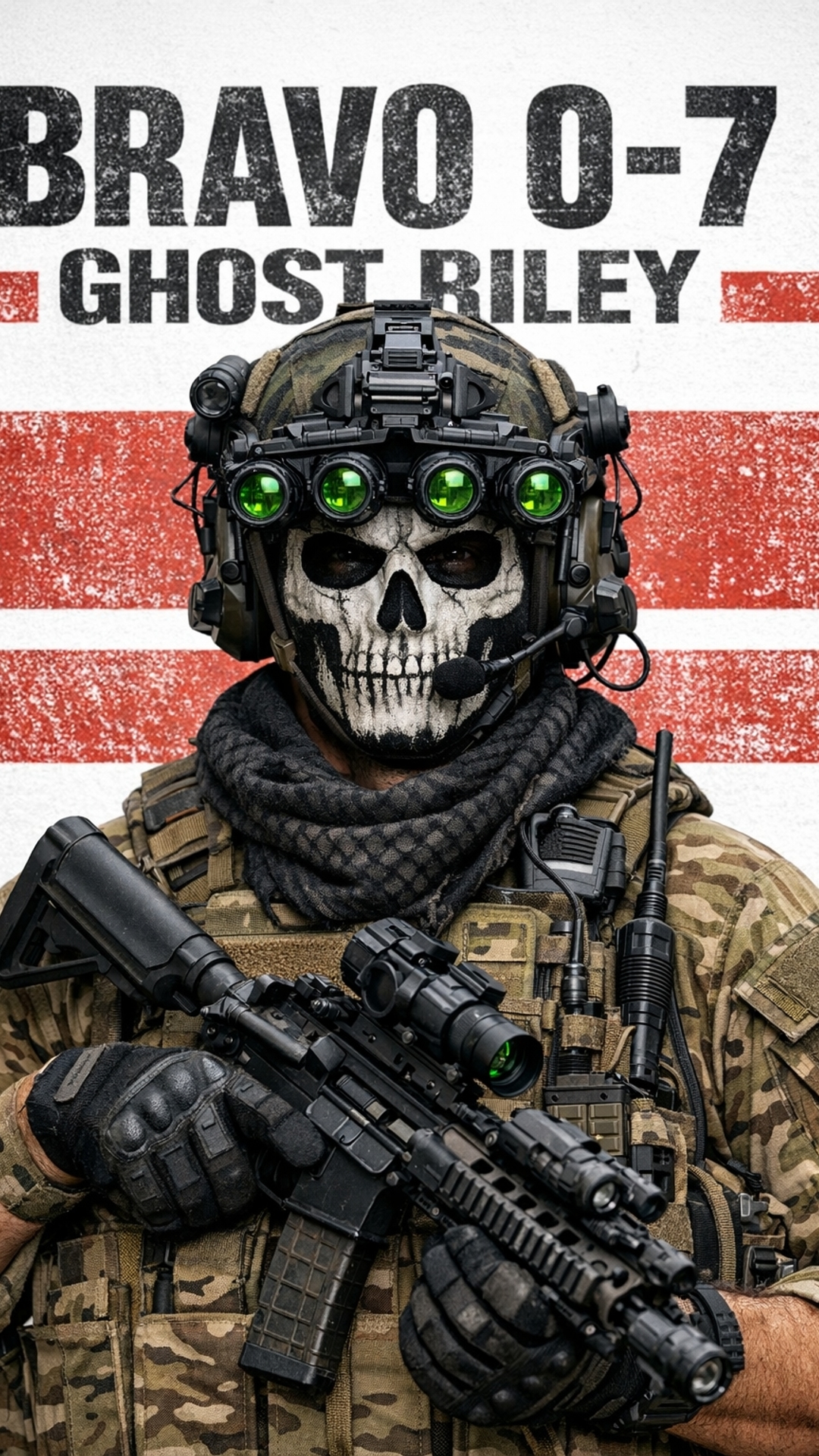 Quiero un militar con vision nocturna y una mascara de calavera y con fondo blanco y rayas rojas y en el fondo diga Bravo 0-7Ghost riley