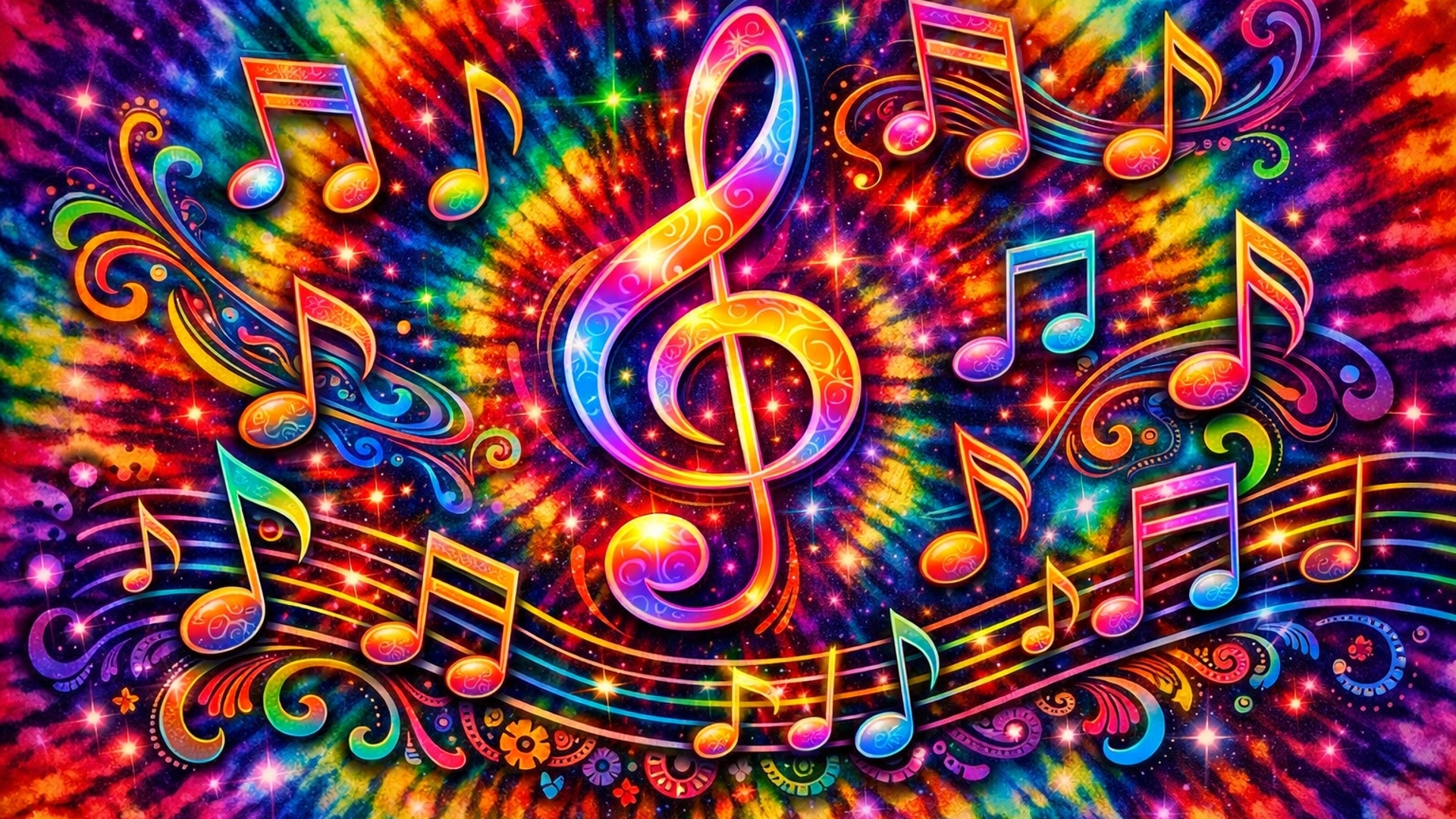Psychedelic tye-dye music notes