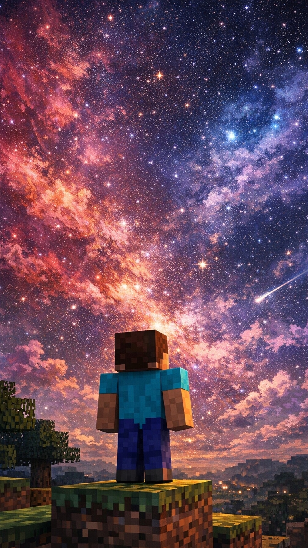A Minecraft character looking into the nebula sky
