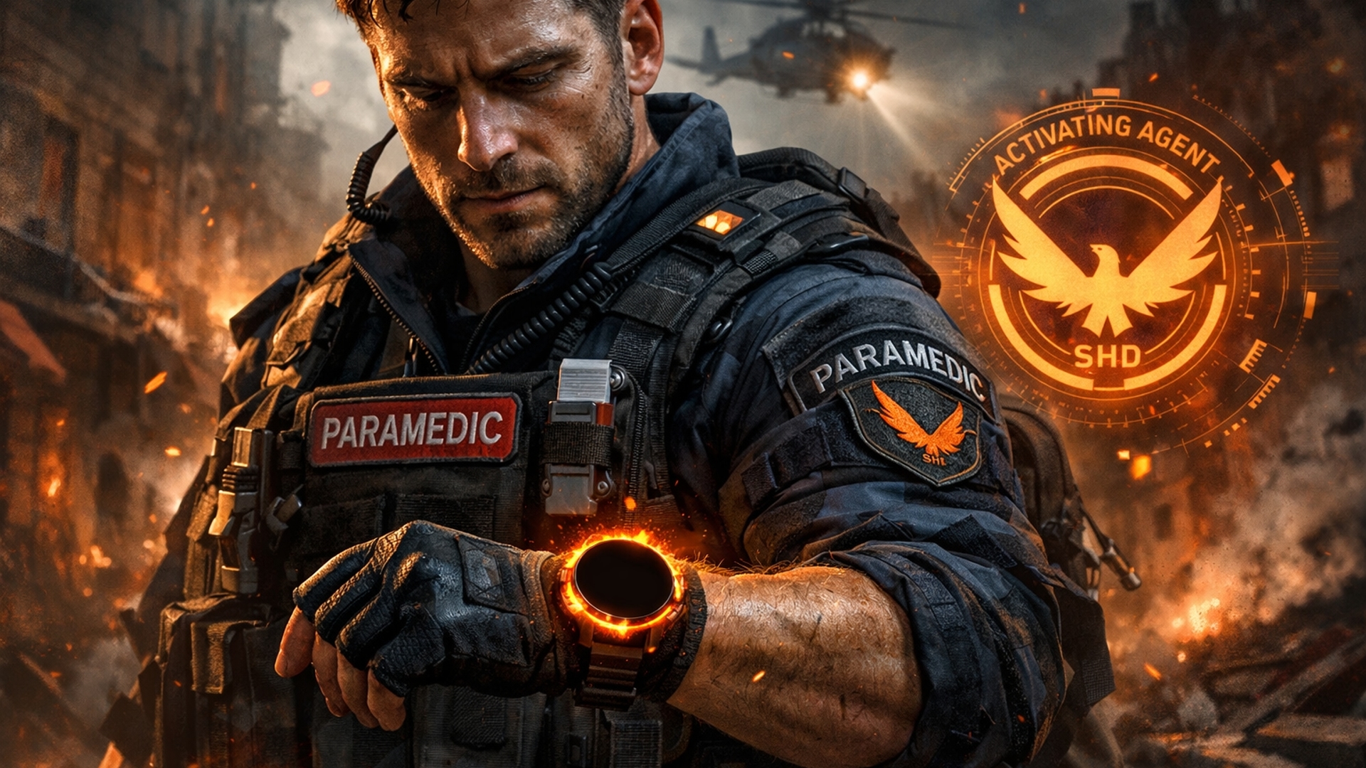 Paramedic with a blacked out watch face on his wrist that is glowing orange around the face. he's a SHD agent that is being activated