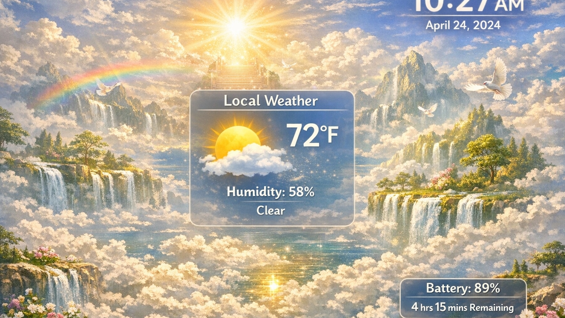 a very beautiful scenic image as of heaven .with right upper corner shows digital clock showing recent time and. in the middle shows local weather, humidity, and temputer. in the right lower corner shows battery percentage and remaining time