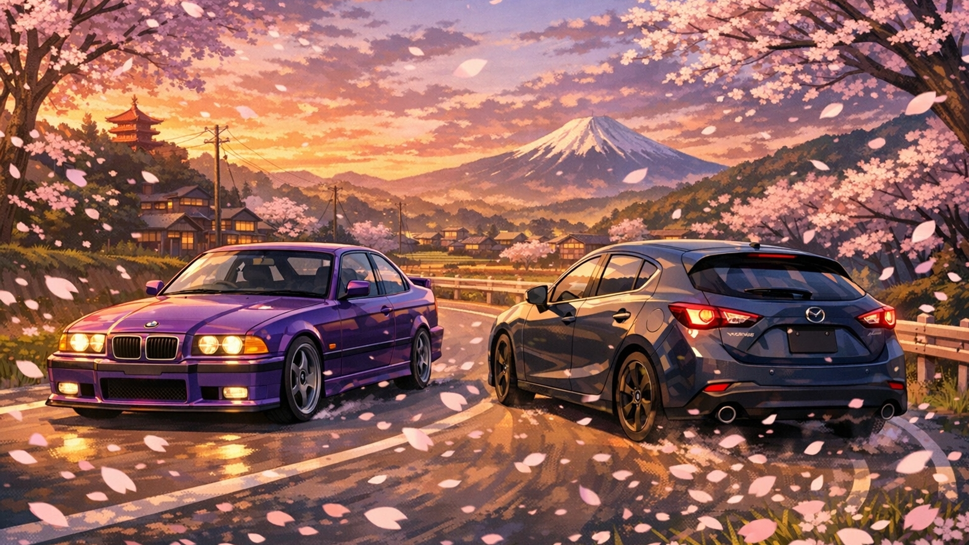 Bmw e36 and mazda 3bm/bn driving through japanese countryside evening sunset colours and sakura blossoms flying through the air thebmw is techno violet and the mazda is darkblueish grey