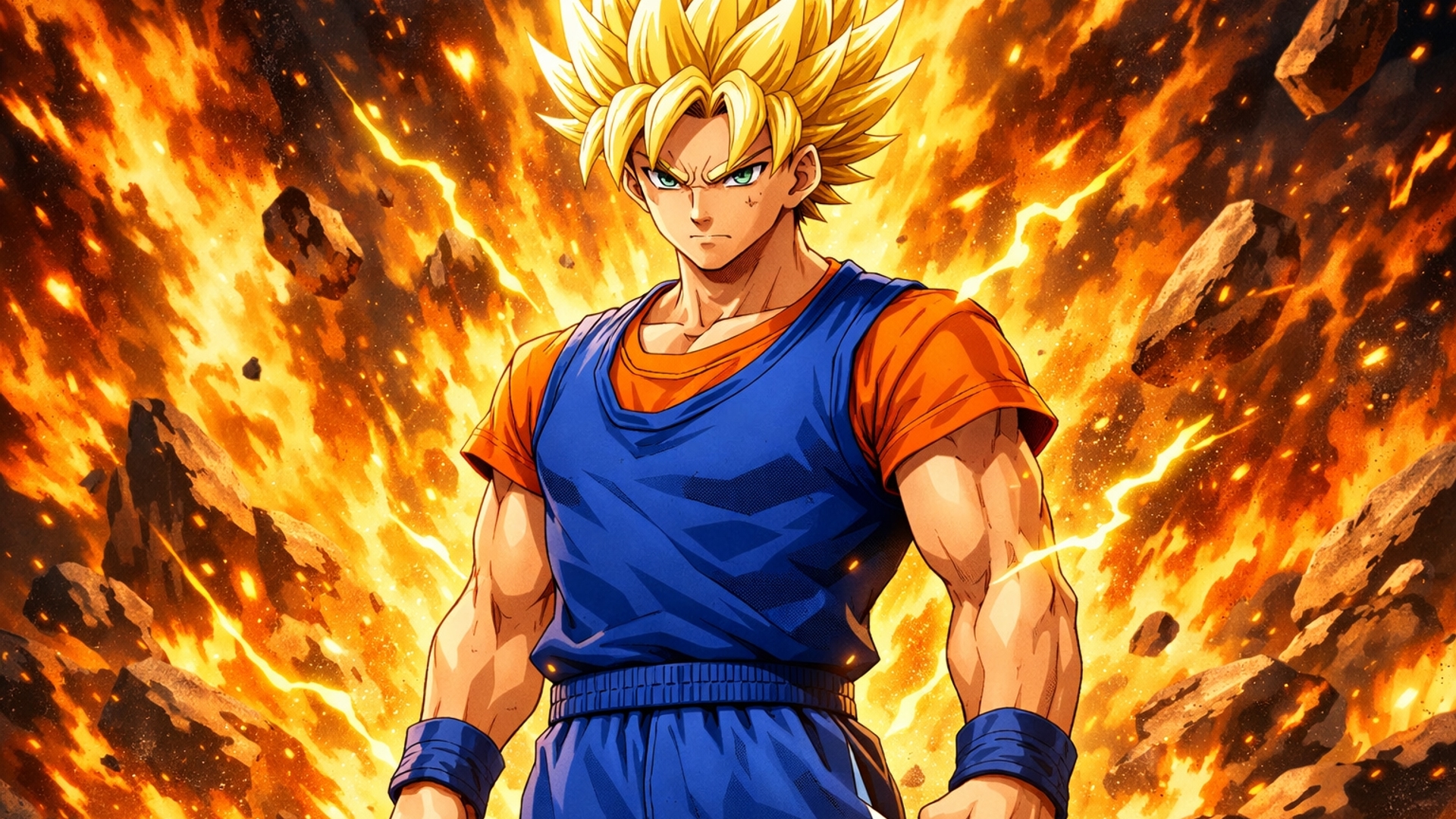 A super Saiyan male wearing a blue tank top over an orange T-shirt and blue athletic pants standing in front of a blazing background