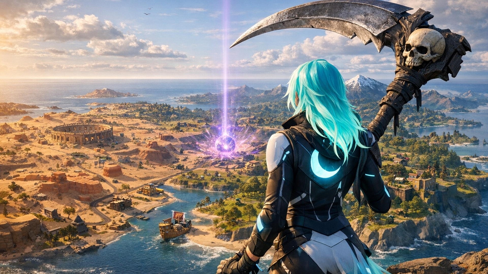 Fortnite dream skin looking over chapter2 season 5 map with grim reaper in hand