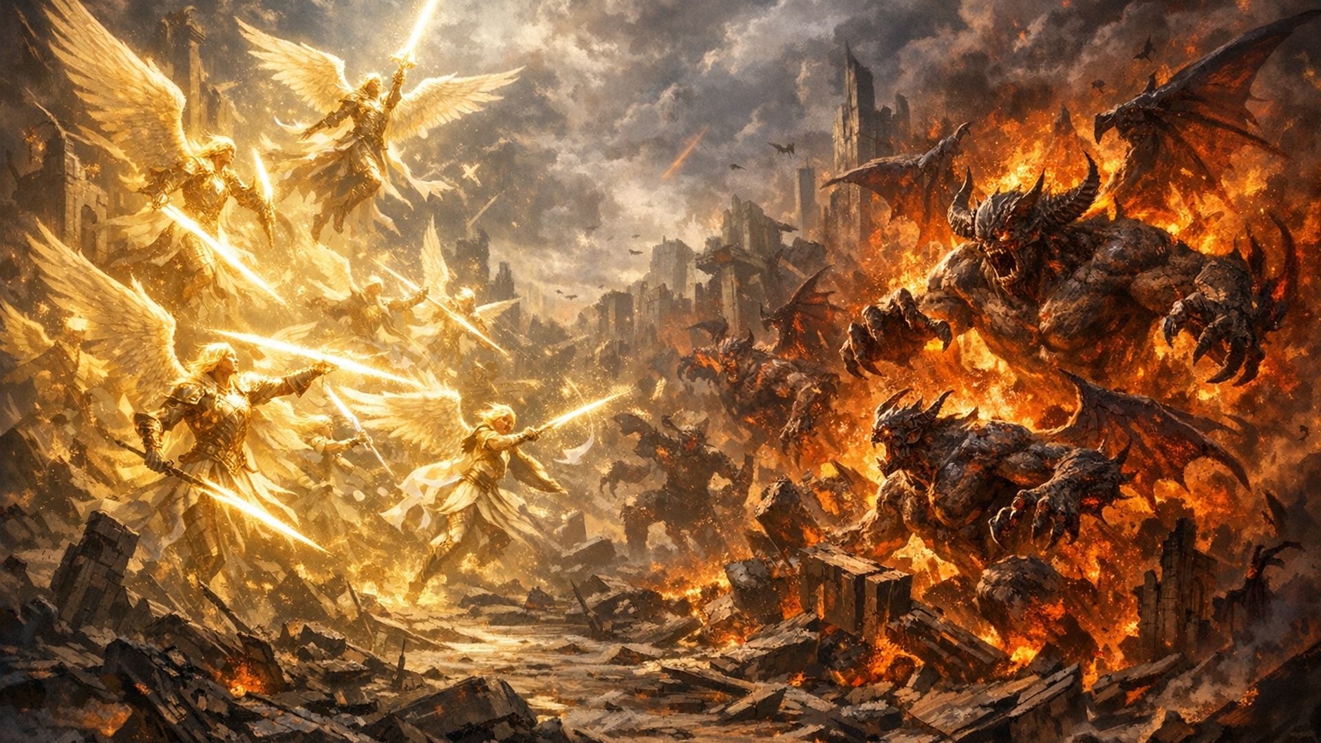 Desktop wallpaper: Landscape. Angels battle demons in a setting that is already heavily devastated. The angels shimmer in golden light, and the demons are surrounded by a fiery aura. The angels fight with weapons of light, while the demons tear everything apart with their bare hands and pure hatre