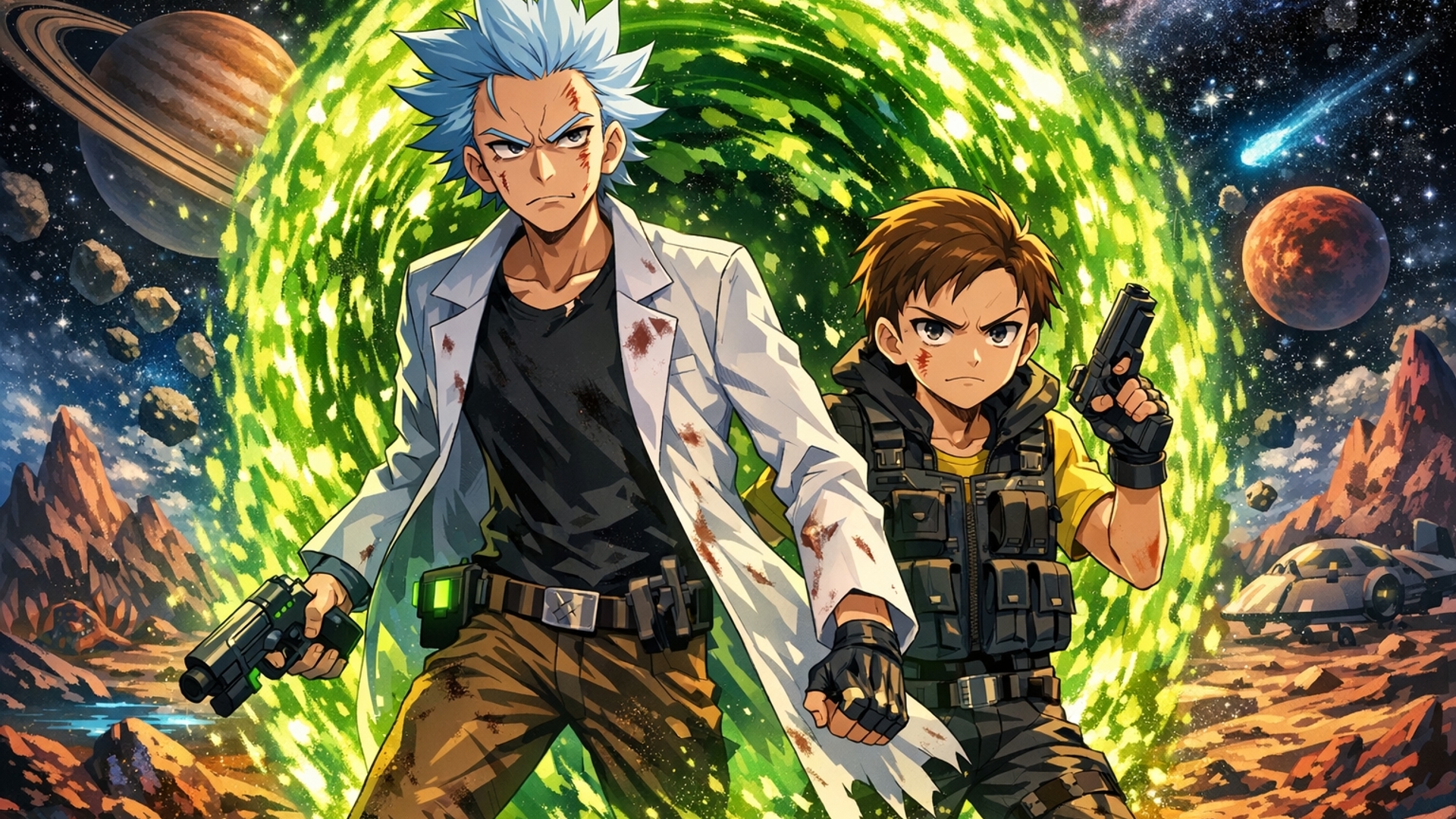 Rick and morty looking tough coming out of a portal on a planet with the portal and space behind them