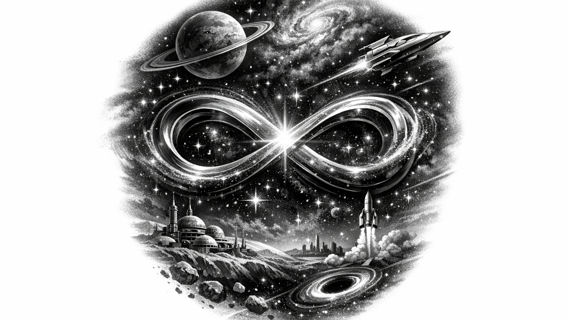 Design a tattoo that displays an infinity sign floating in the universe, surrounded by futuristic ideas of space.