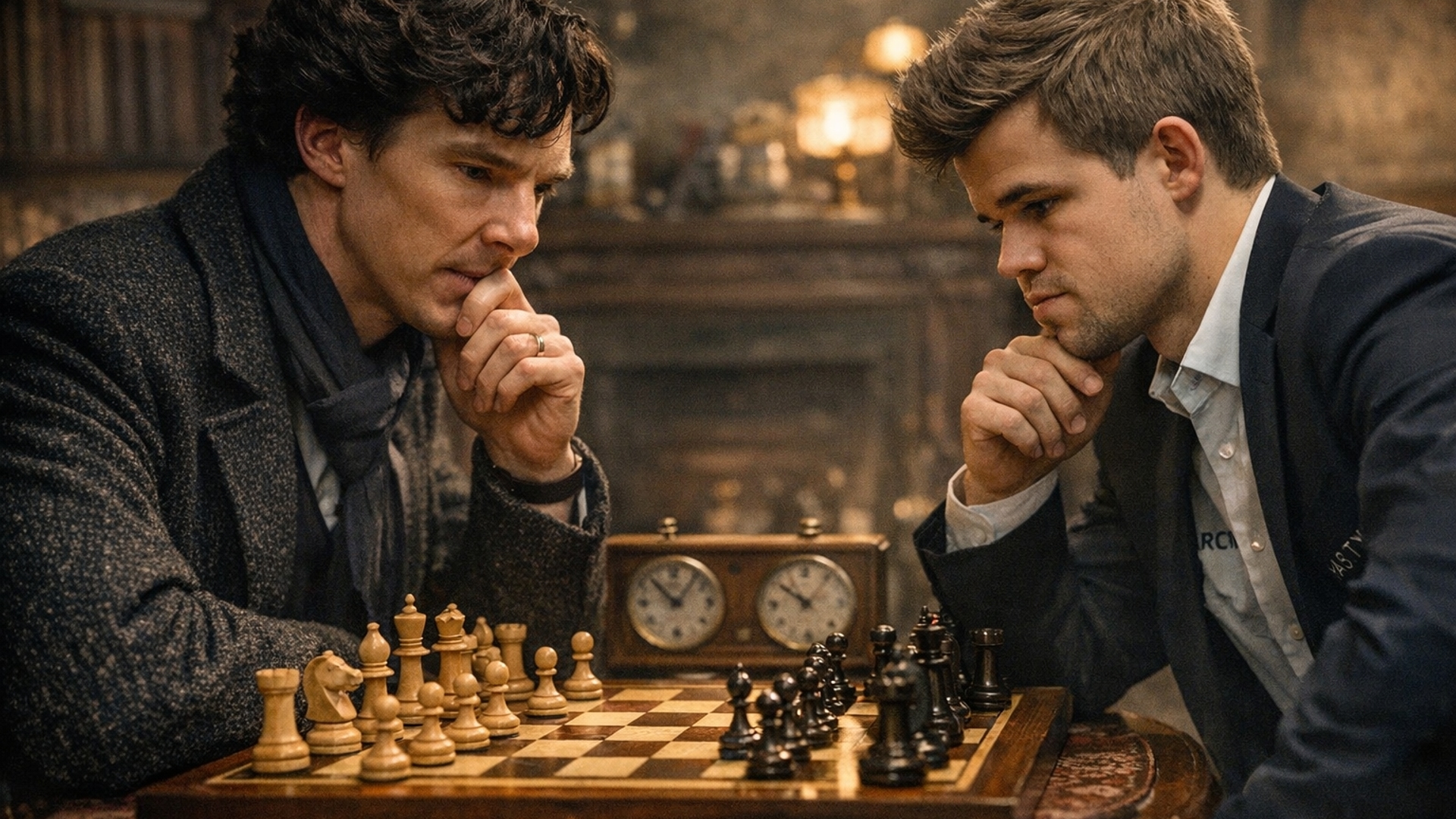 Sherlock Holms ( Benedict Cambarbidge -actor) playing chess with Magnus Carlsen (chess-champion)