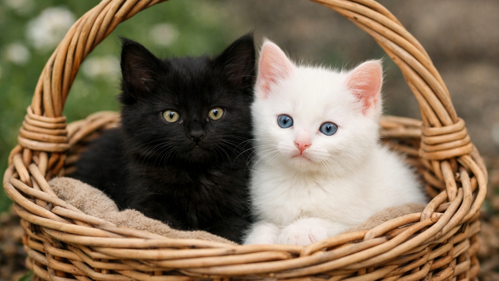 a black and a White kitten sitting in a basket