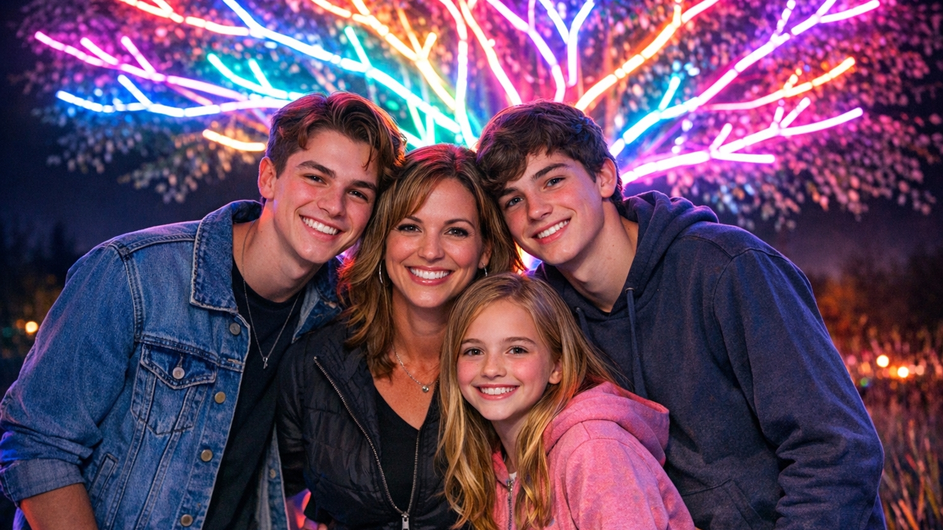 neon tree with a mother her 17 year old son, 16 year old son and 12 year old  daughter smiling together