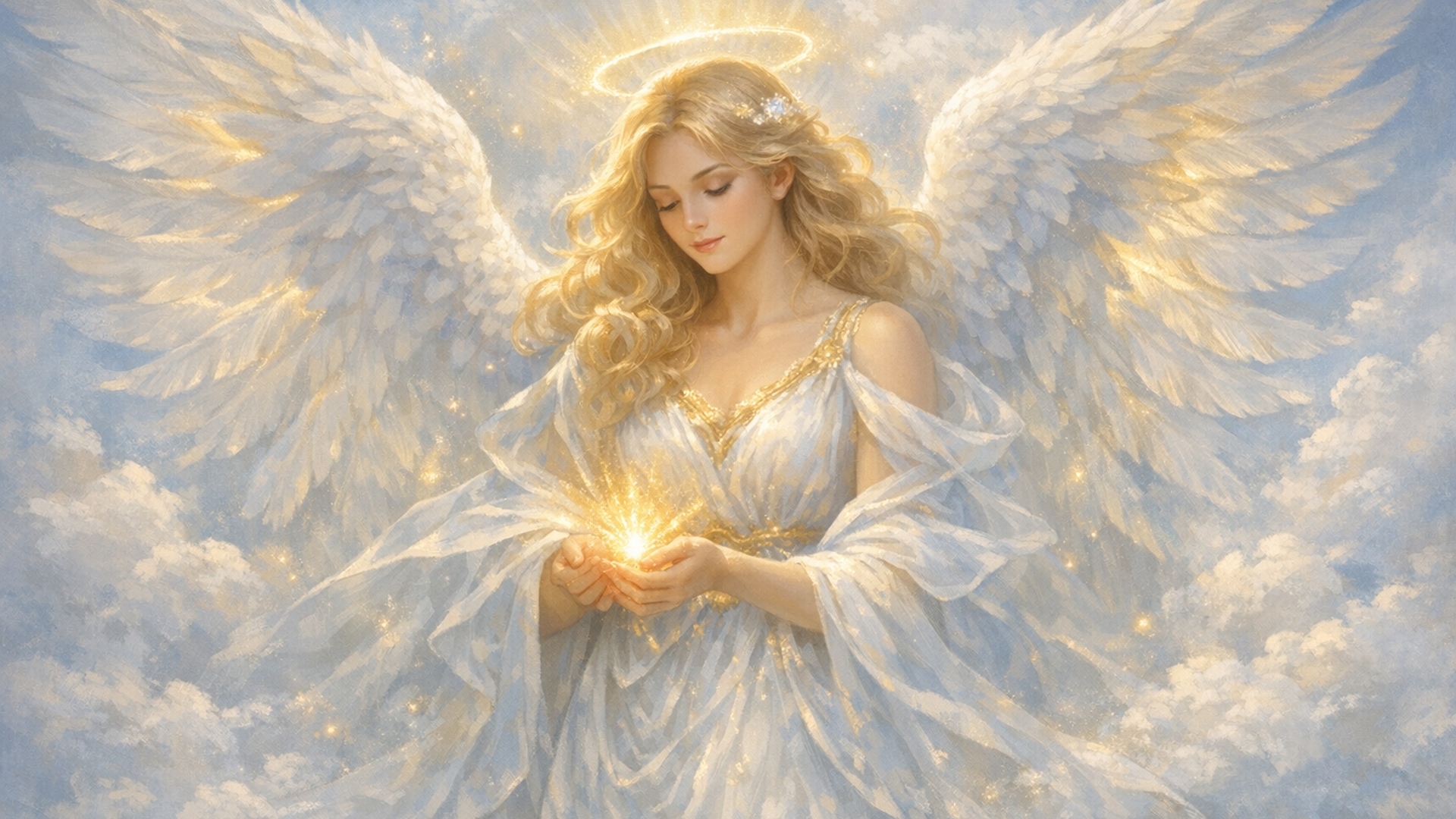 Soft light blues and gold highlighting an Angel