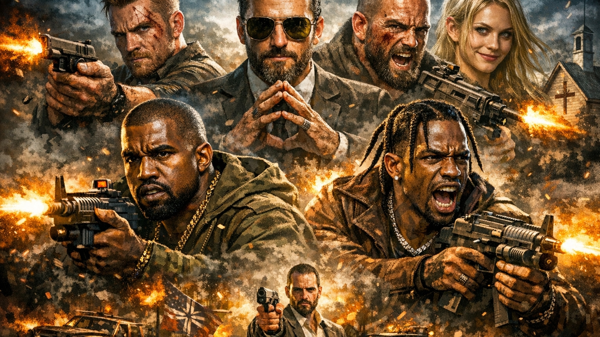 Kanye west and travis scott in a far cry 5 shoot out against the seed family. Show all the faces in the top half of rendering image