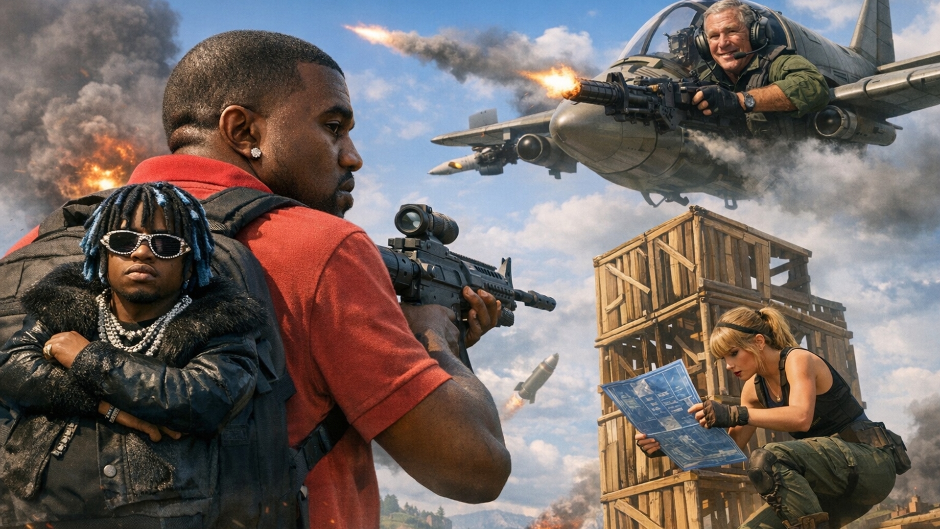 Backpack and polo younger kanye west in a fortnite battle against george w bush and taylor swift. Gwb is in a plane and tswift is building a fortnite tower. Kanyes backbling like in fortnite is don toliver