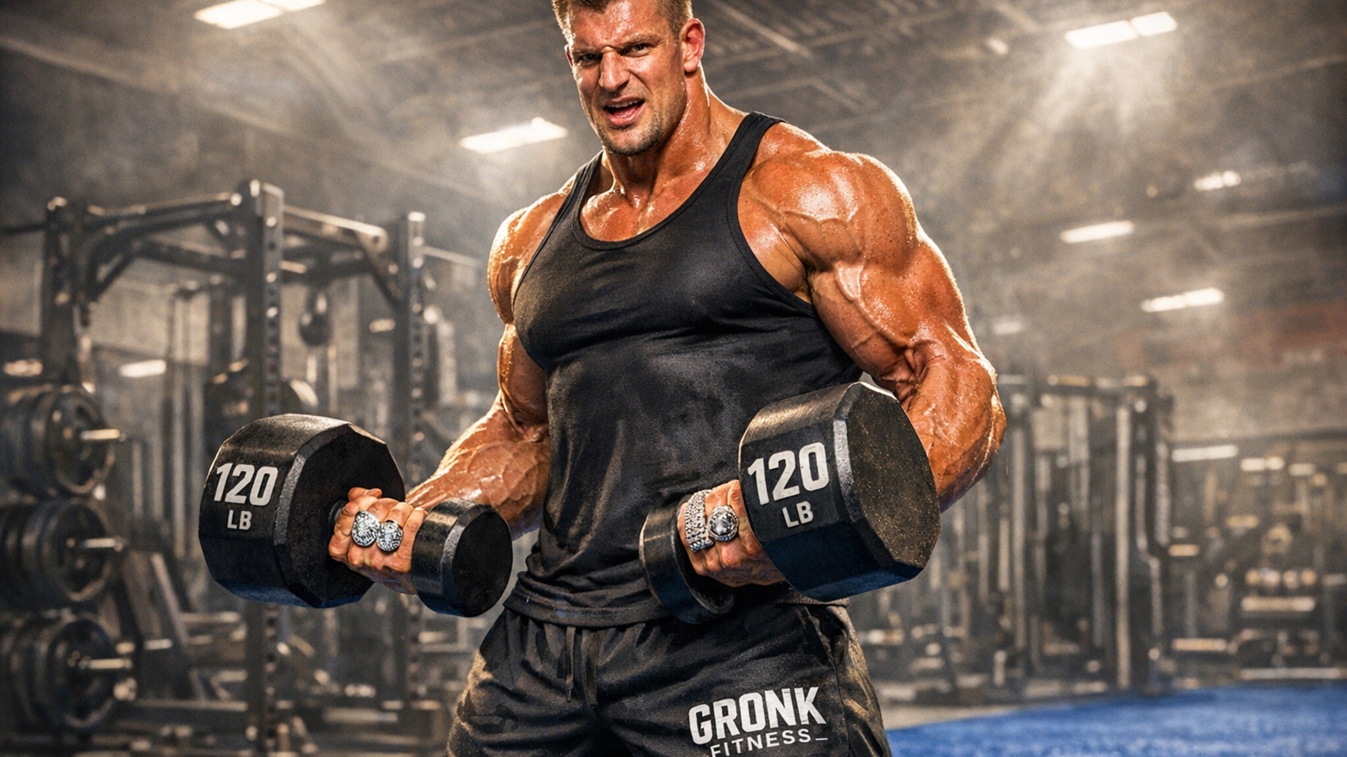 Rob gronkowski curling 120 lb dumbbells looking jacked in tank top and shorts that say gronk fitness. The background is commercial gym equipment. Hes standing on a blue turf floor in the gym. Make him wear his rings