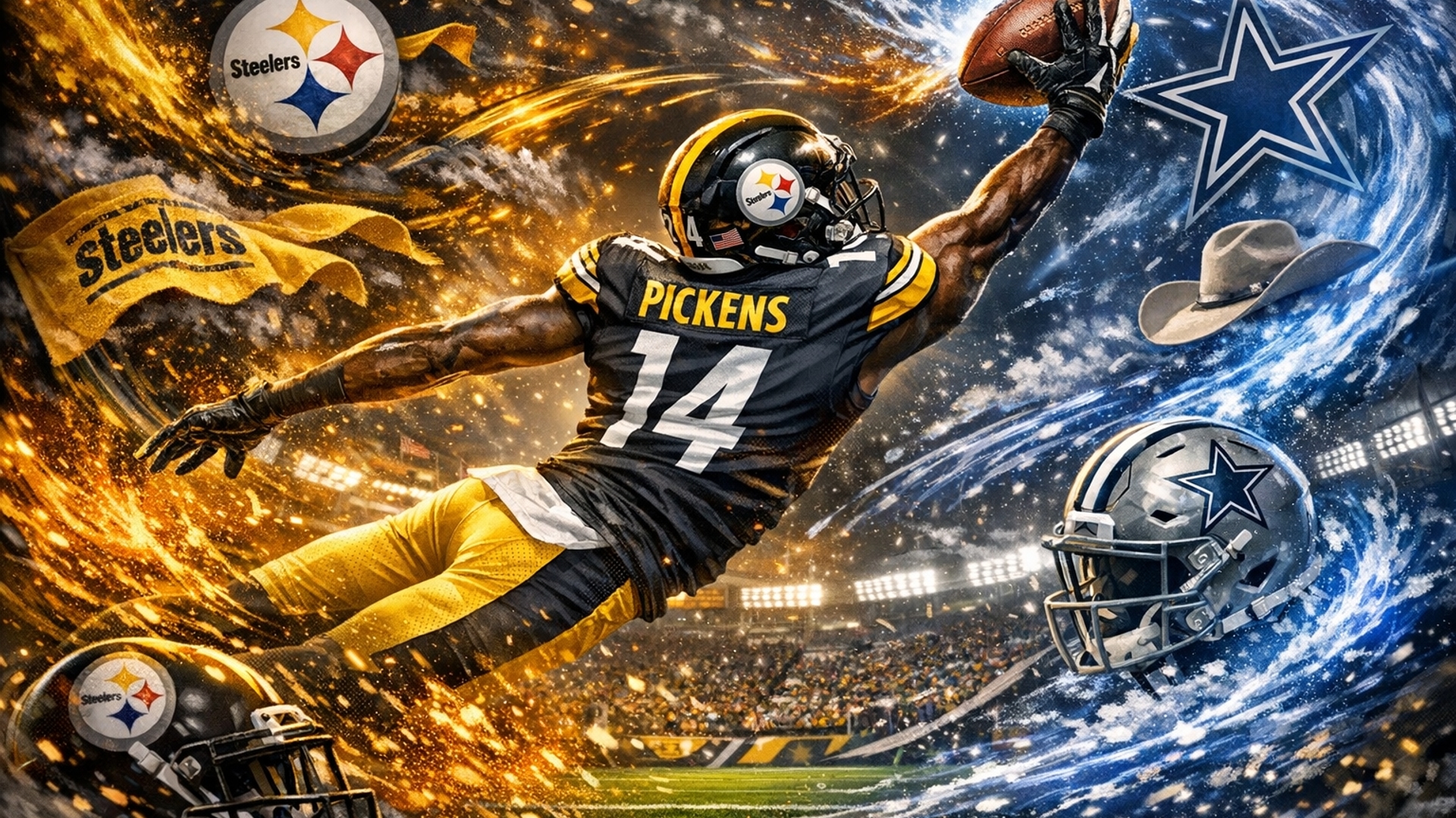 George pickens doing a one handed catch. Swirl and add elements of the football teams the steelers and cowboys