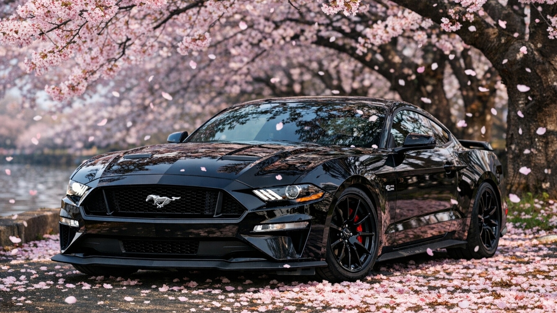 Black ford mustang with a cherry blossom 