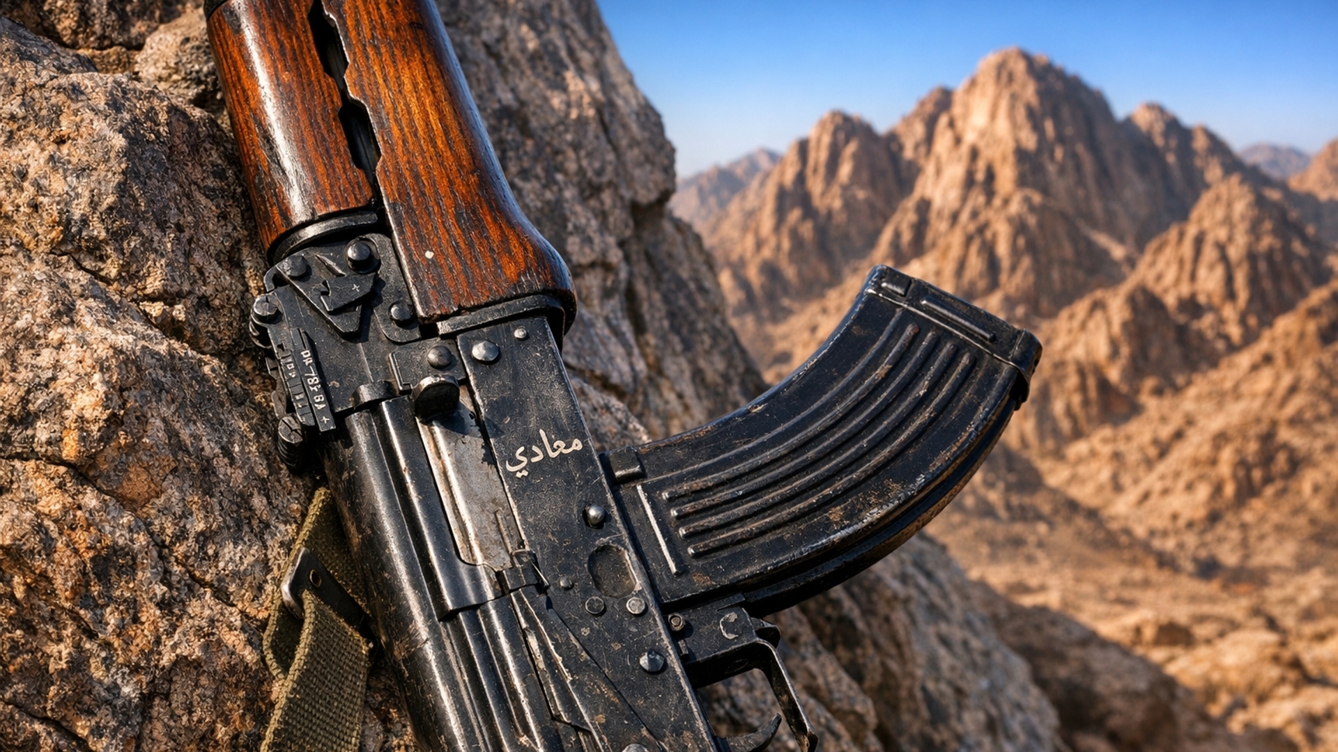 A hyper-realistic, 8k close-up of an Egyptian Maadi AK-47 (ARM) assault rifle leaning against a jagged granite rock. The rifle features authentic laminated wood furniture with a dark reddish-brown hue, a black 
