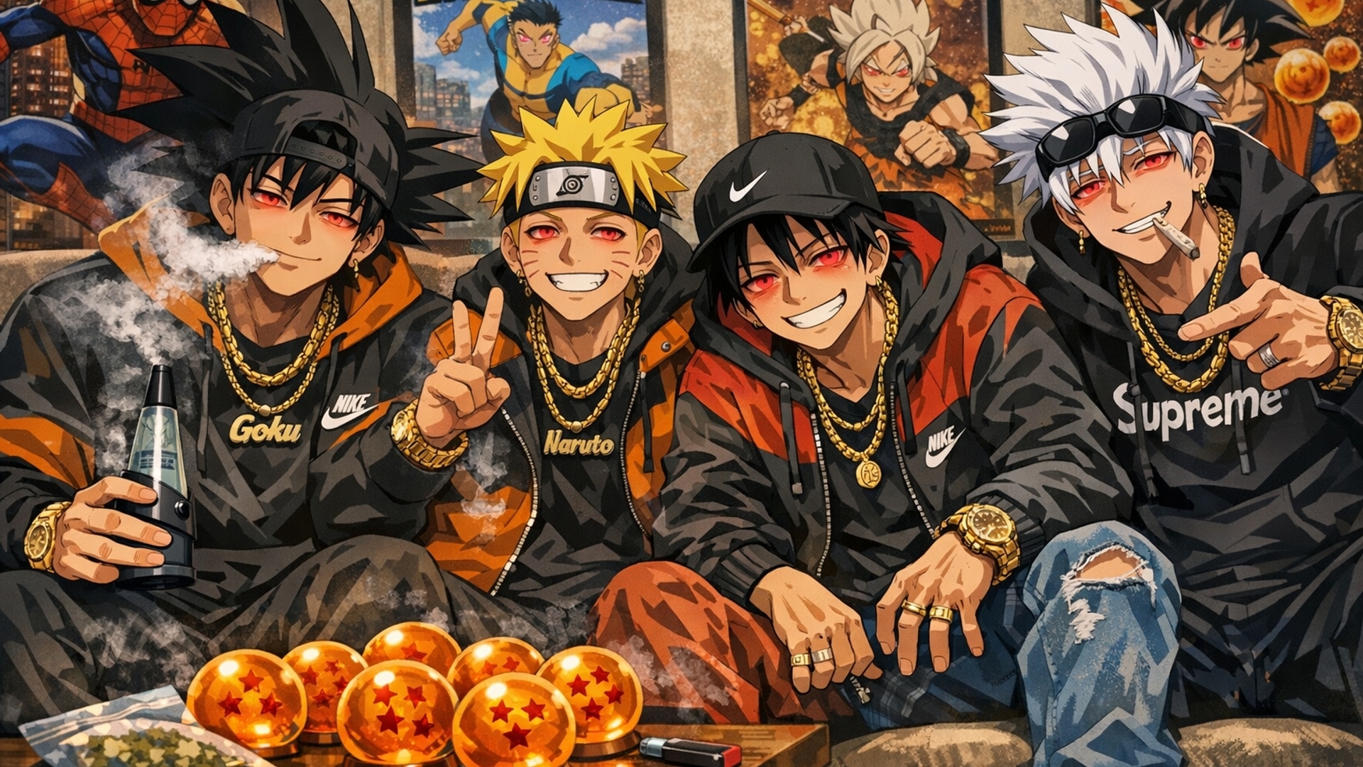 Son Goku from Dragon Ball Z Smoking a puffco on the couch with Naruto From Naruto Shippuden, Luffy From One Piece, and Gojo from Jujutsu Kaisen. Have them all in street, modern clothing, gold chains, gold watches, nike gear, and also have their eyes look red from smoking weed. have in the background marvel spiderman posters, invincible comic books, and the dragon balls