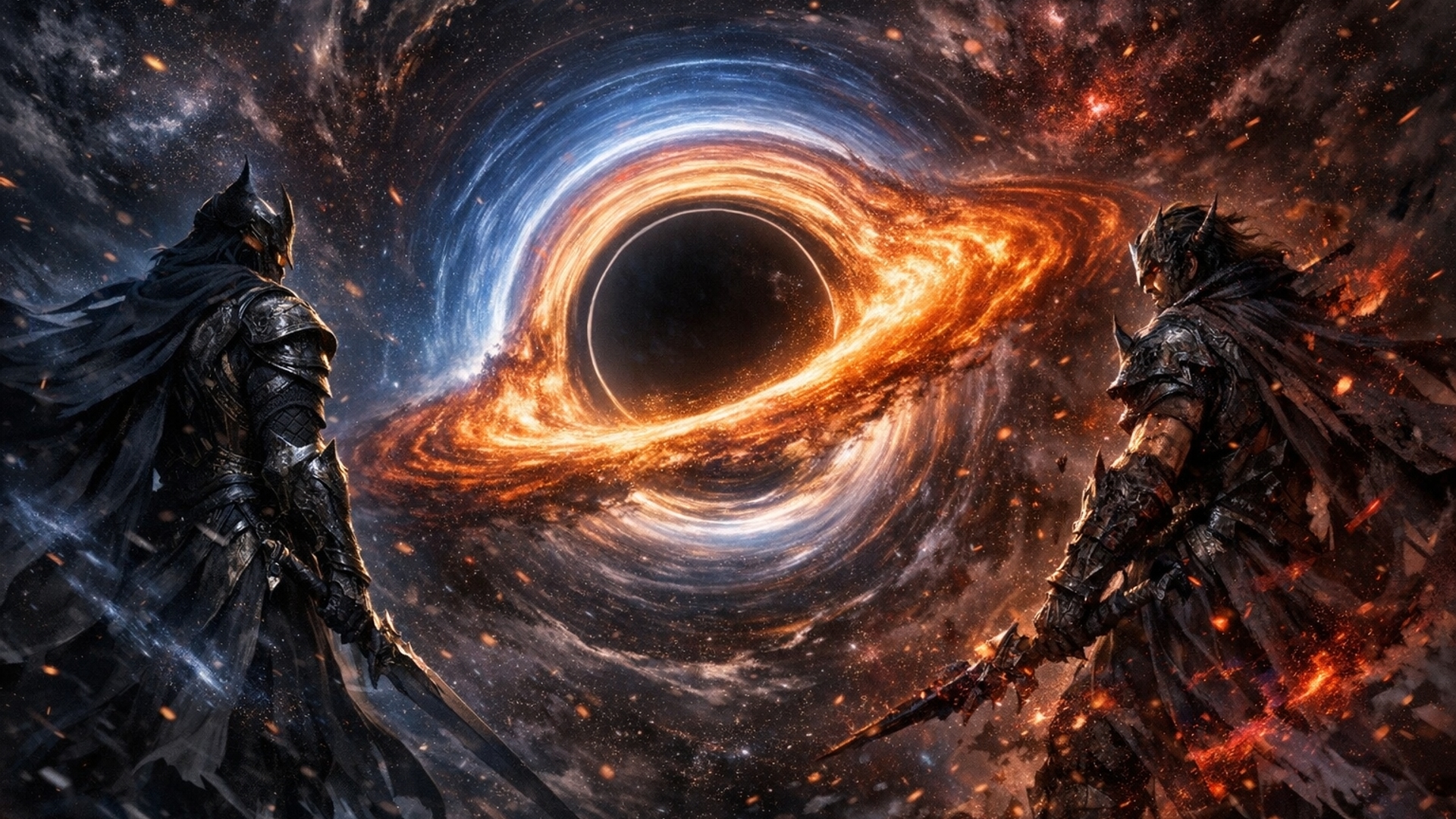 Ultra detailed animated wallpaper, cinematic 4K, a massive realistic black hole at the center with modern astrophysics colors (deep blacks, glowing orange accretion disk, blue gravitational lensing, subtle purple and red cosmic distortion), swirling matter and light bending effects, dynamic particle motion, space-time distortion waves.On the left side: a dark fantasy warrior inspired by Black Desert style, highly detailed armor, elegant, realistic textures, glowing subtle magical aura, wind-reactive cape, cinematic lighting.On the right side: a dark corrupted exile warrior inspired by Path of Exile, gritty, chaotic energy, dark magic effects, embers and corruption particles, intense expression, battle-worn armor.Scene composition balanced, symmetrical cinematic framing, characters facing slightly toward the black hole, dramatic lighting from the accretion disk illuminating both sides.Style: hyper-realistic + fantasy hybrid, ultra sharp details, high contrast, volumetric lighting, depth of field, smooth animation loops.Animation: slow motion swirling particles, gravitational distortion ripple, subtle character cloth movement, glowing energy pulses, seamless loop.No text, no watermark, clean composition.Aspect ratio 16:9, 4K resolution.