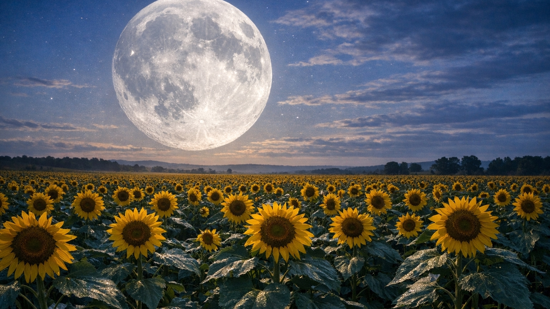me gustaria una imagen de un campo abierto al anochecer, plantado de girasoles,  alumbrado por una enorme y radiante luna llena.