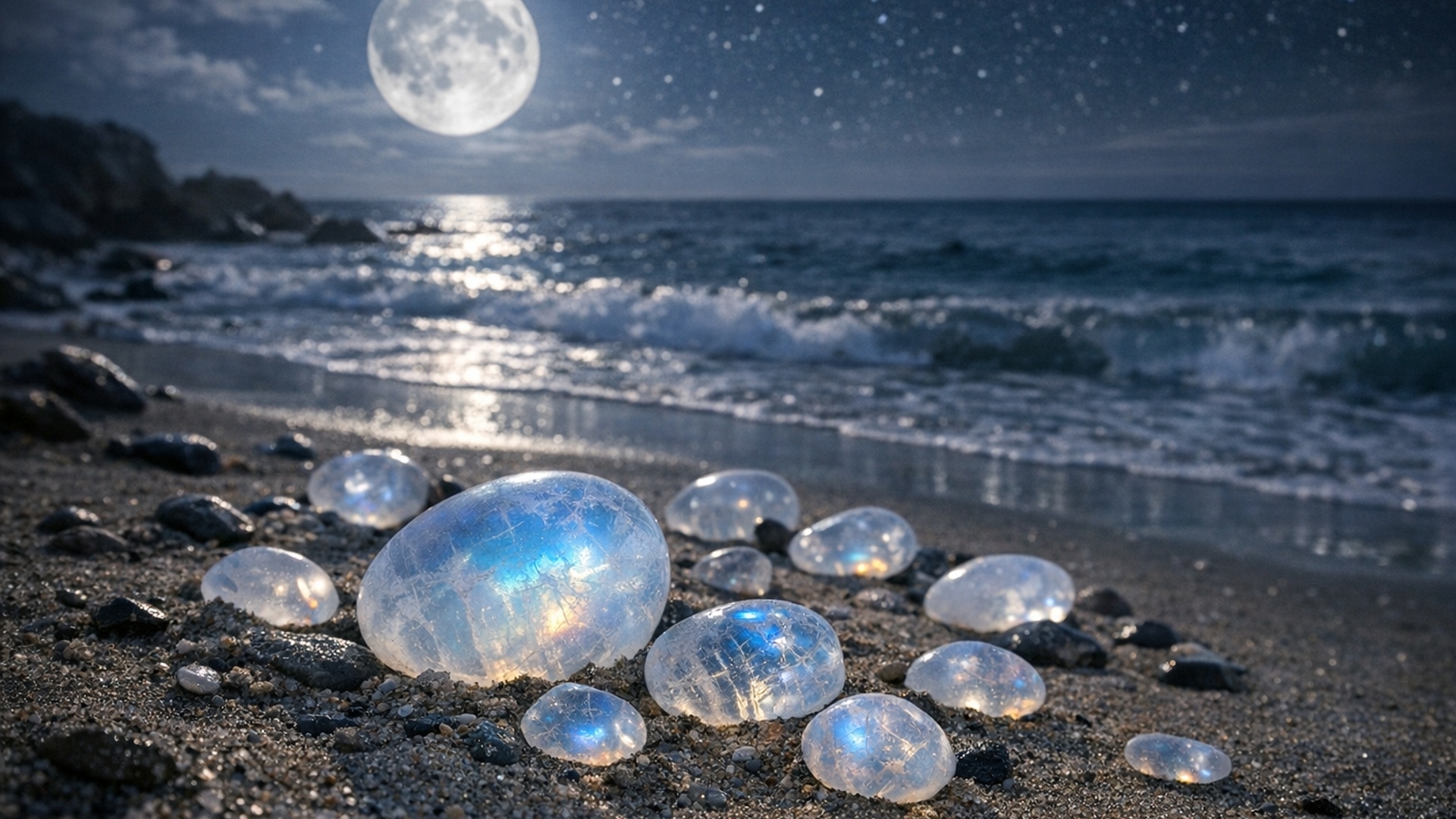 Moonstones on night beach HD