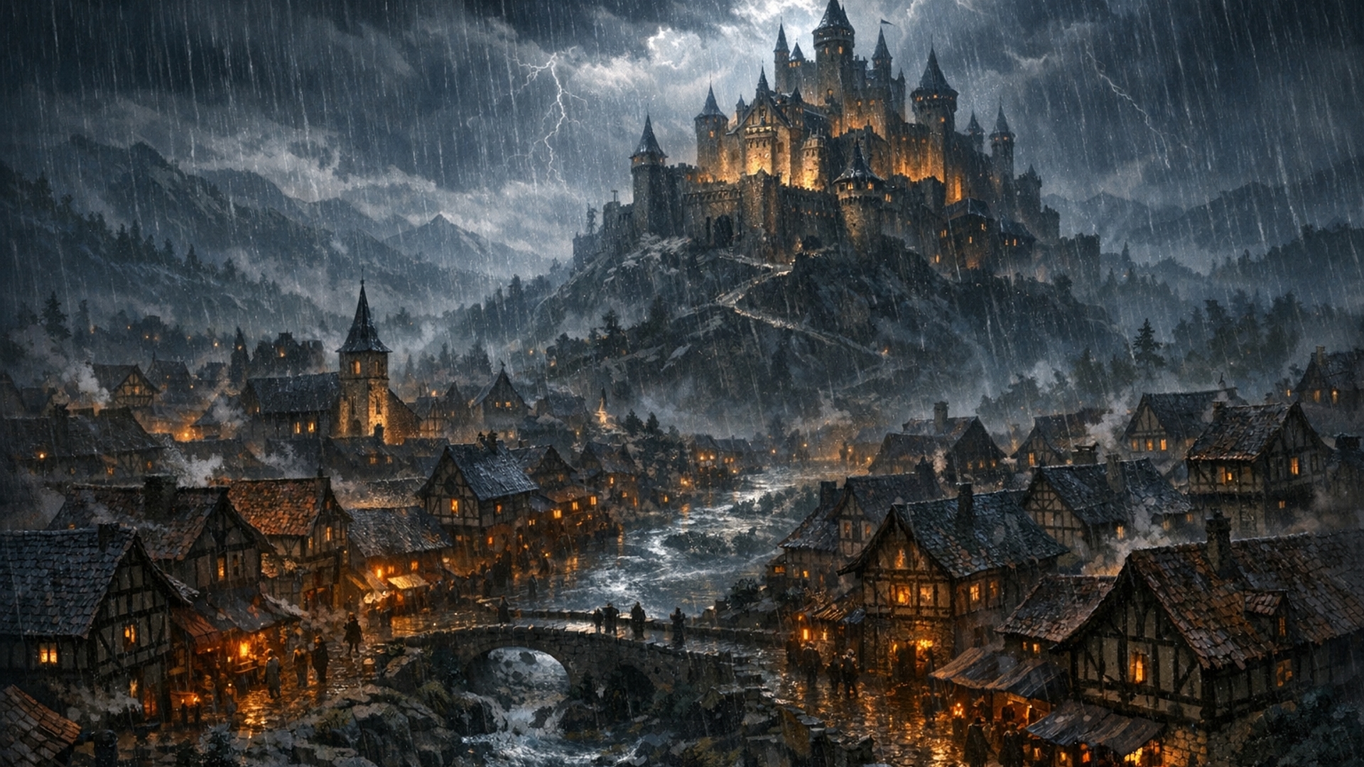 A midevil village high view at night raining. Village with big caste. Like dungeon and dragon style