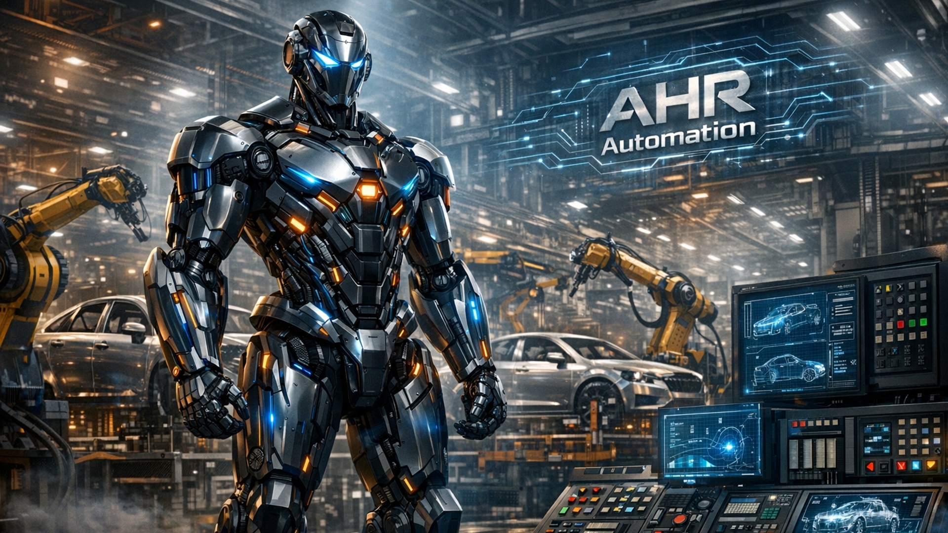 Futuristic industrial wallpaper featuring a powerful humanoid robot representing automation and engineering excellence, standing inside a high-tech manufacturing plant. The environment includes robotic arms, control panels, PLC systems, and automotive production lines inspired by Ford manufacturing. The robot has a sleek metallic design with glowing blue and orange accents, symbolizing precision and intelligence.In the background, integrate the company name 