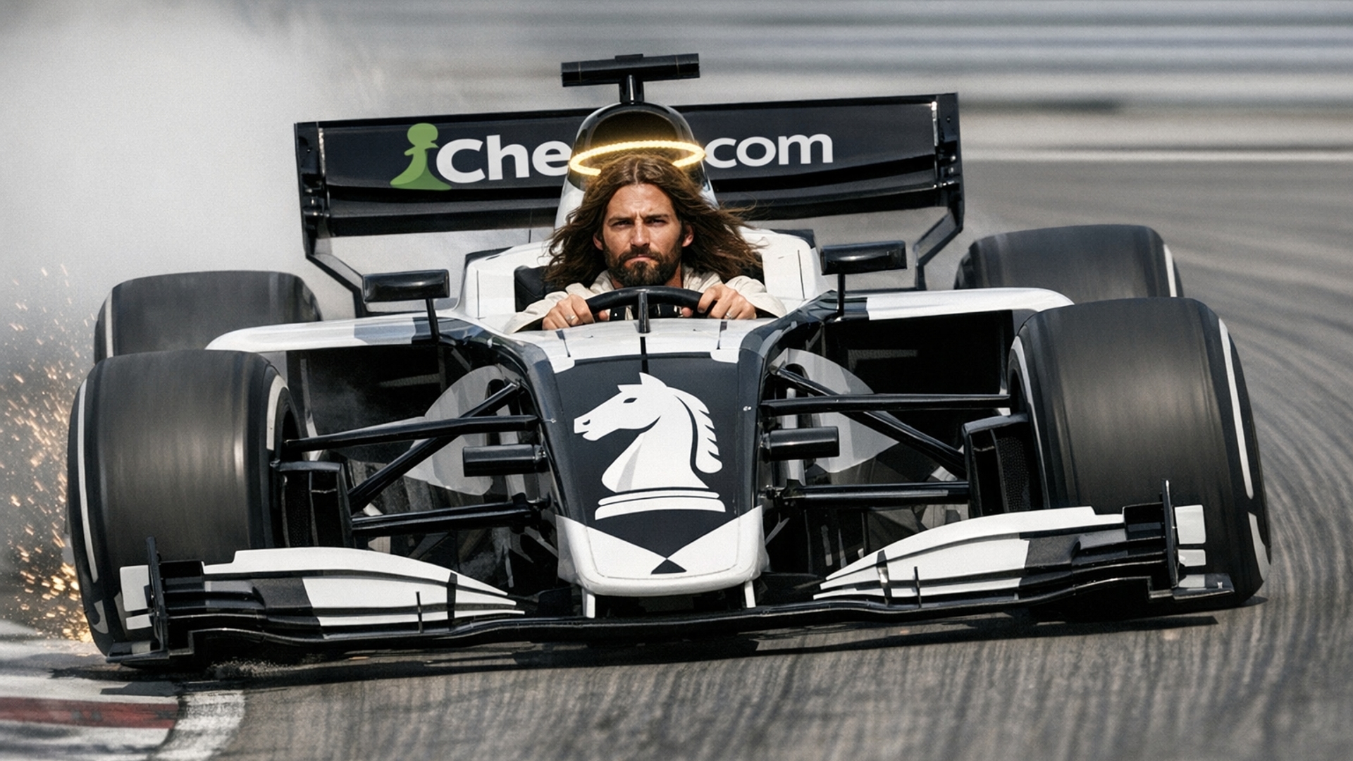 have jesus christ driving in a f1 car that is coloured black and white has a knight(chess piece) in the middle, and the rear wing has the chess.com sponsor