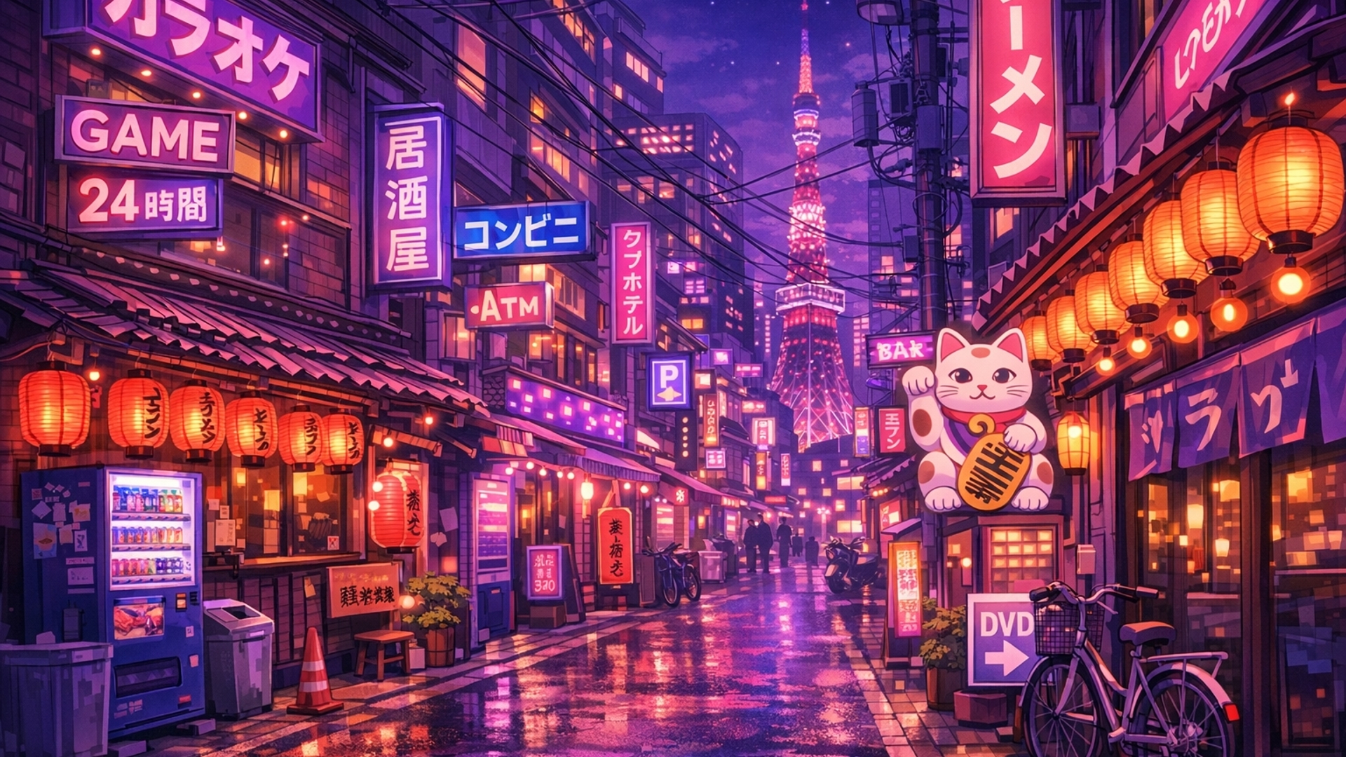 Tokyo streets with a purple hue, add neon signs and other aesthetic tokyo stuff