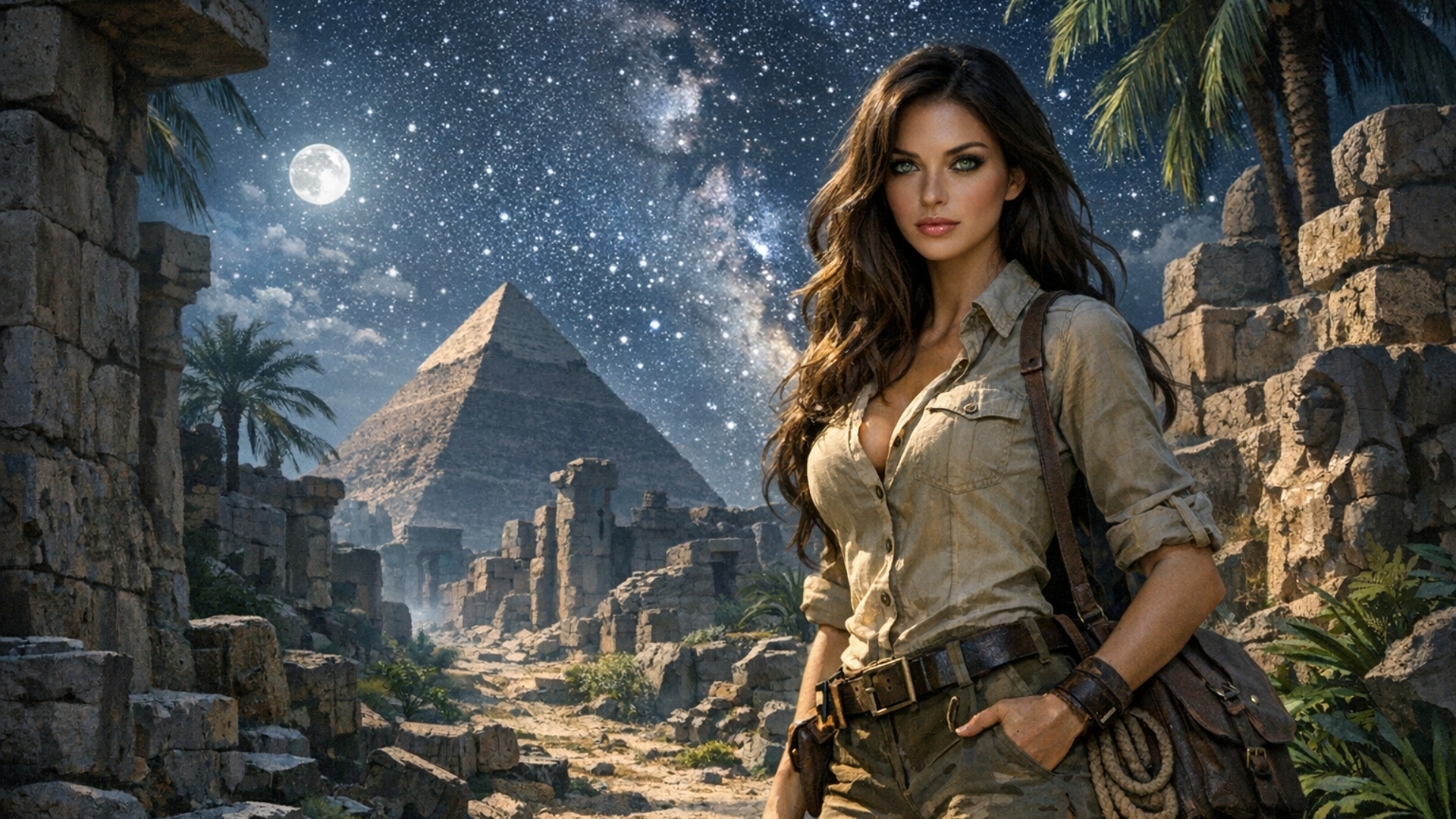 Pasaje ruinas y pirámides Egipto con vegetacion en una noche estrellada con mujer exploradora con cabello largo suelto con ojos verdes delgada muy bella