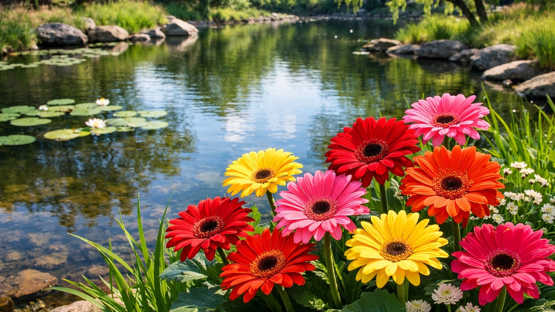 Gerber daisies by a pond