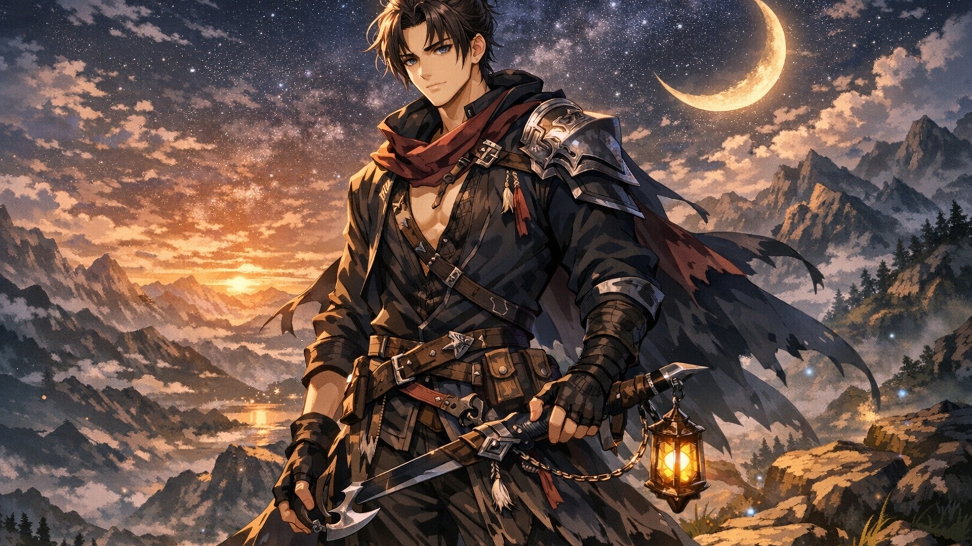 the aesthetic boy with bun hair style with dark background and boy looks should be hand some the dress should be in fantasy type he stand on the some hills with some tools in one hand