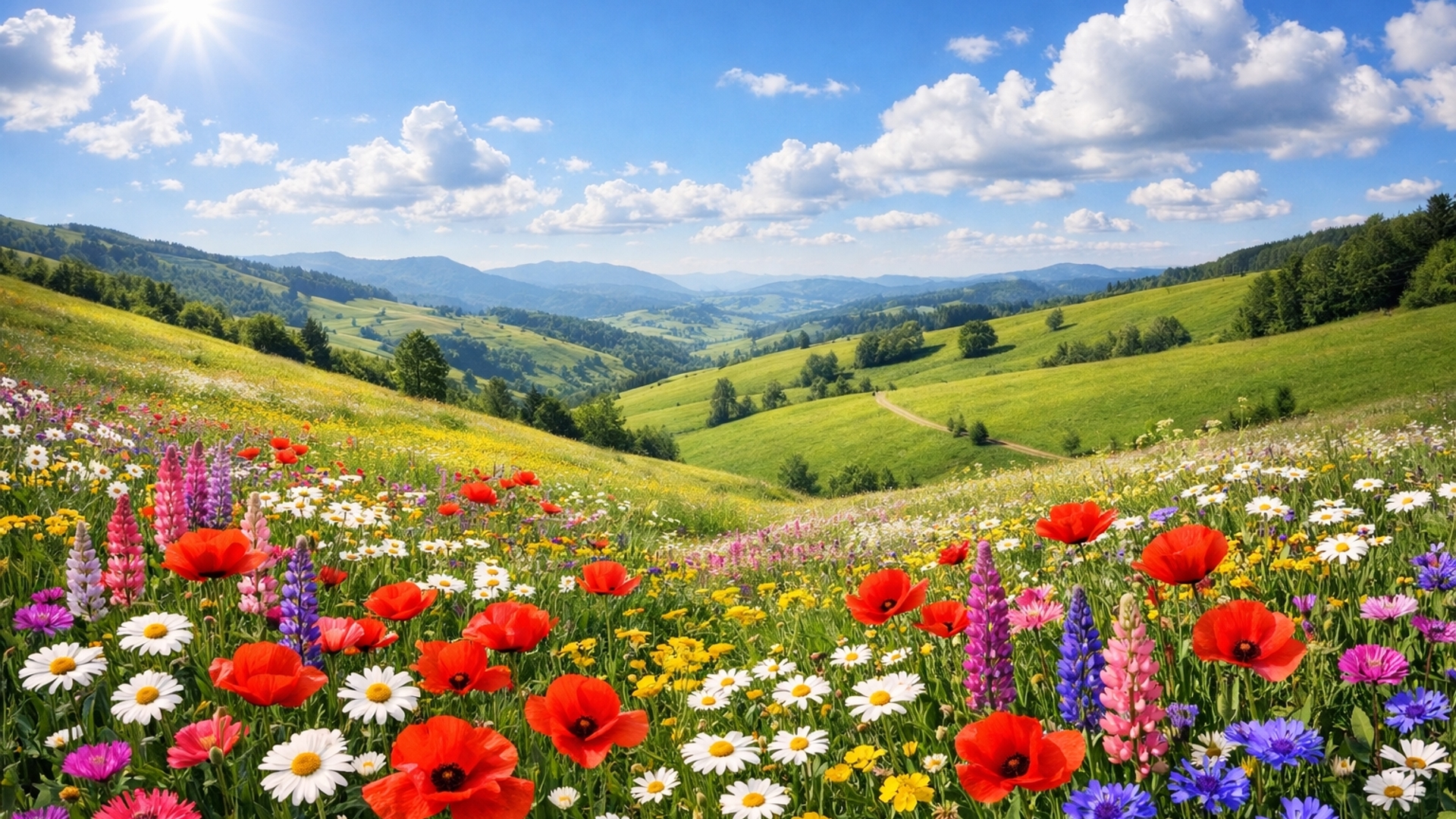 Lovely flowers in a green rolling hills on a sunny day