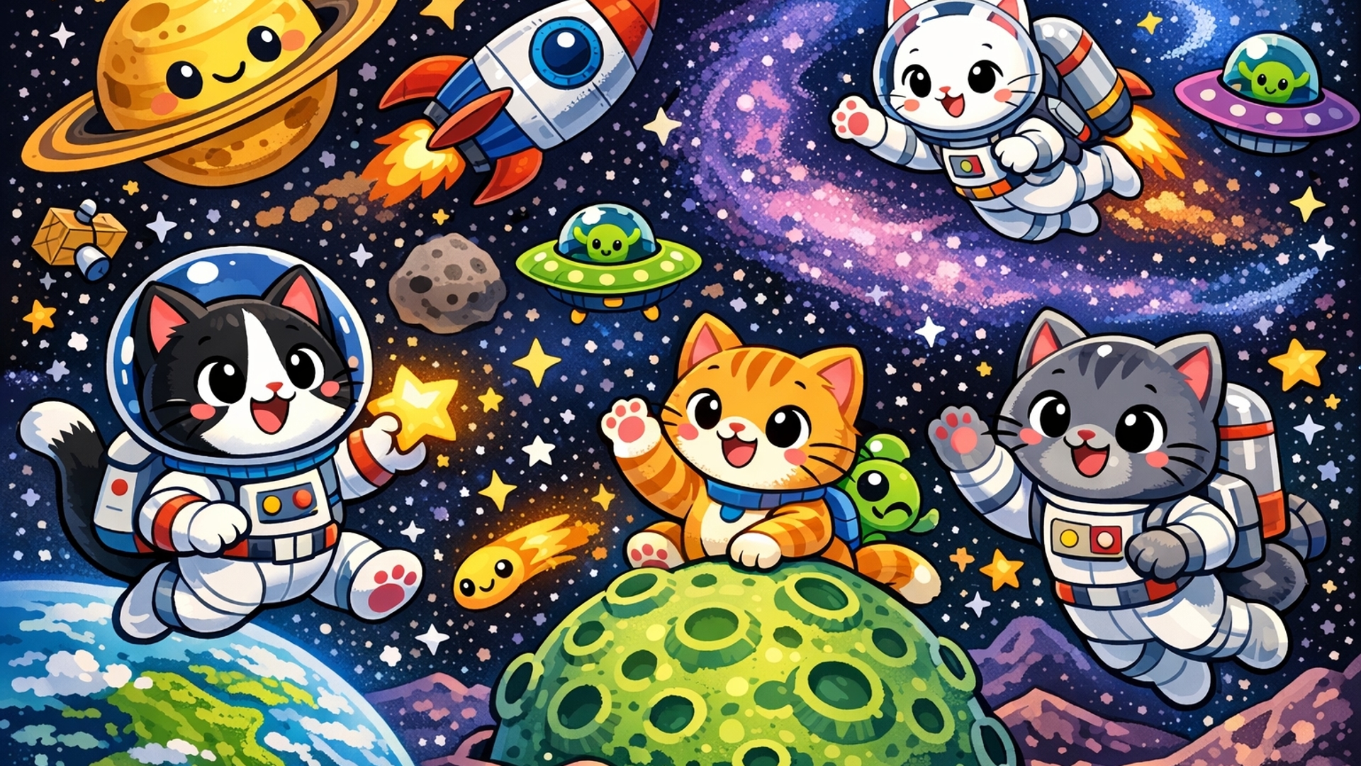 Cartoon cats in space