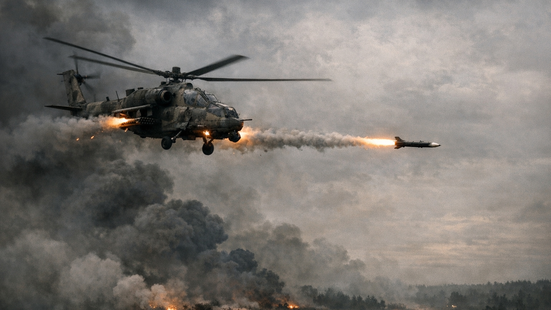 helicopter, firing, smoke, missile, somber