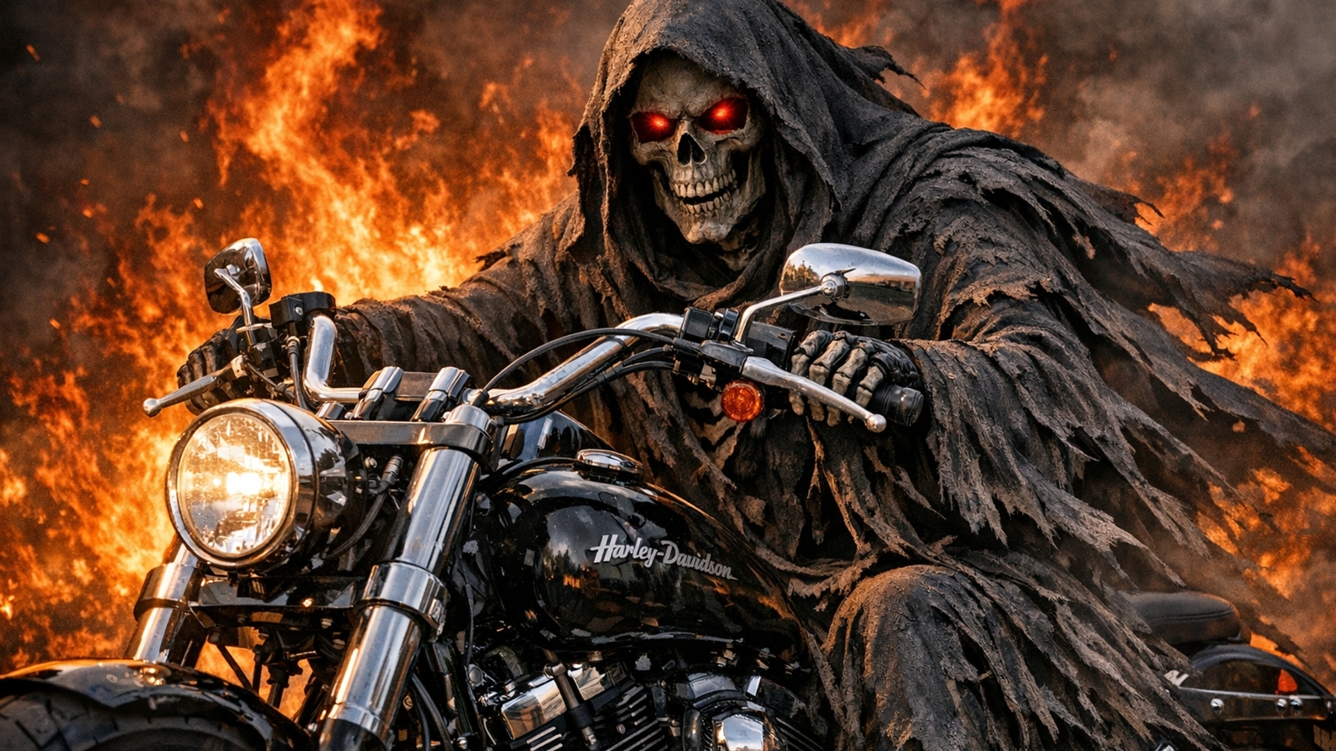 Grim Reaper with red eyes on a Harley Davidson, flames in the background