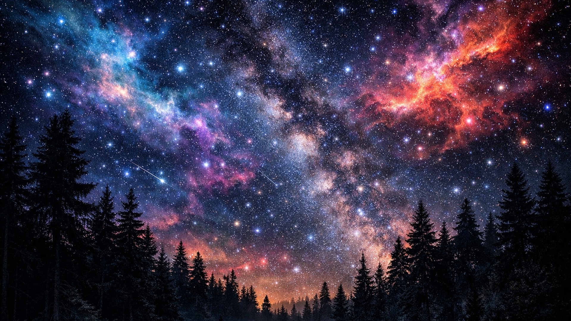 Forest at deep night. View of the sky with stars, nebulaes, etc. Vibrant colors against deep black