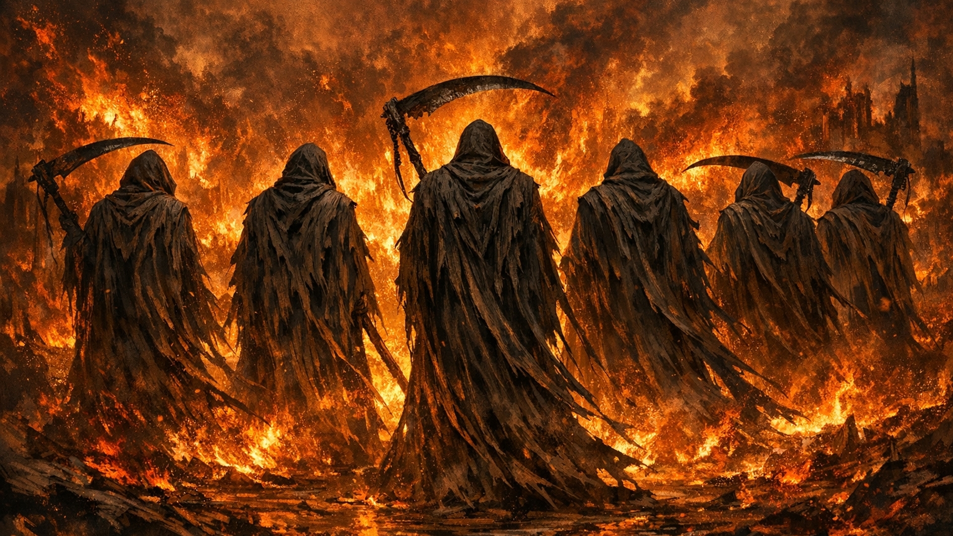 5 Grim reapers with their back turn and flames