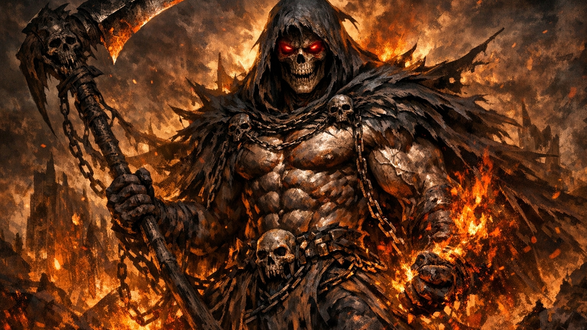 A muscular, Mad grim reaper with red eyes and flames