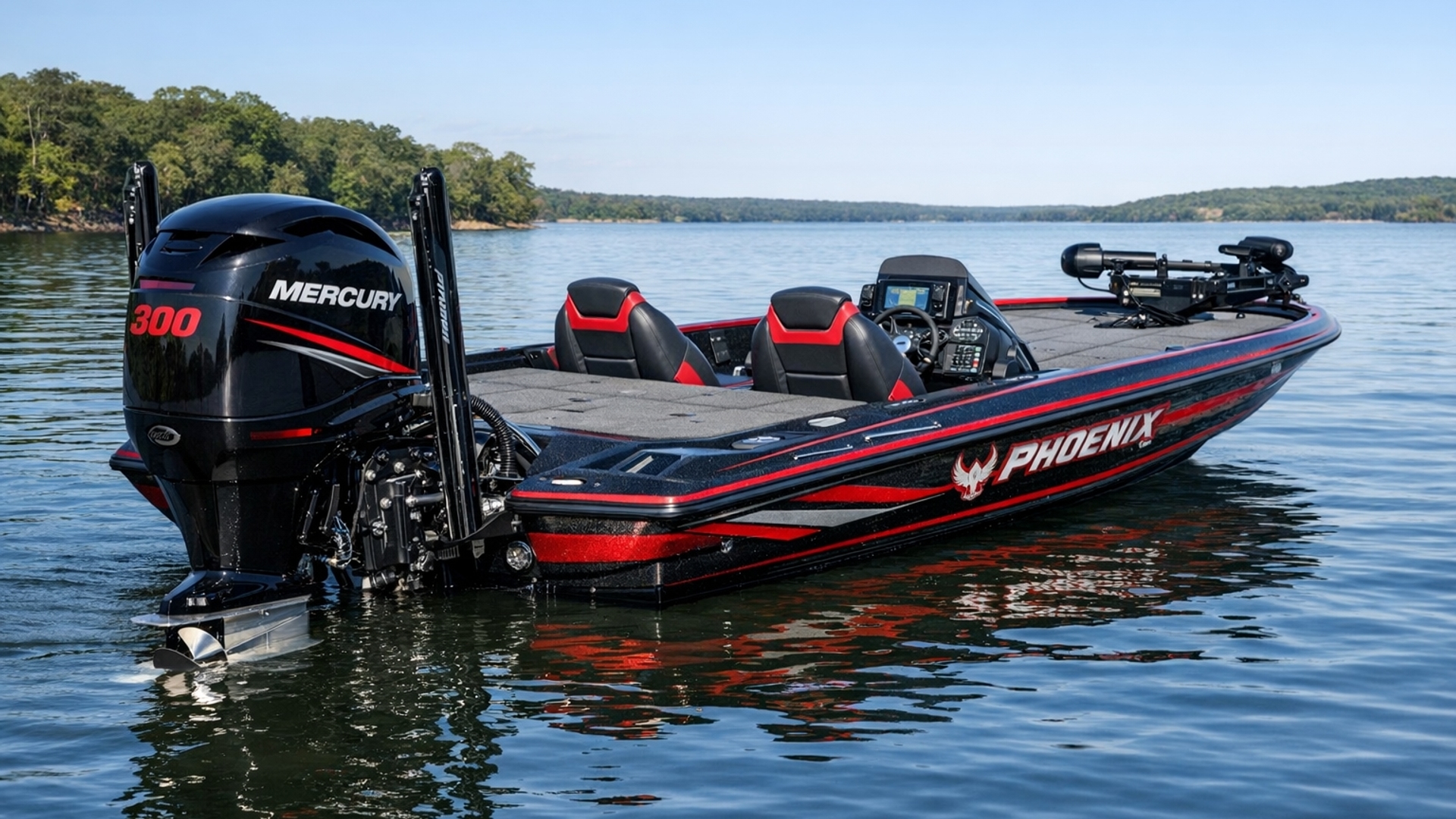 Black and red phoenix bass boat with a 300 Merc outboard motor 
