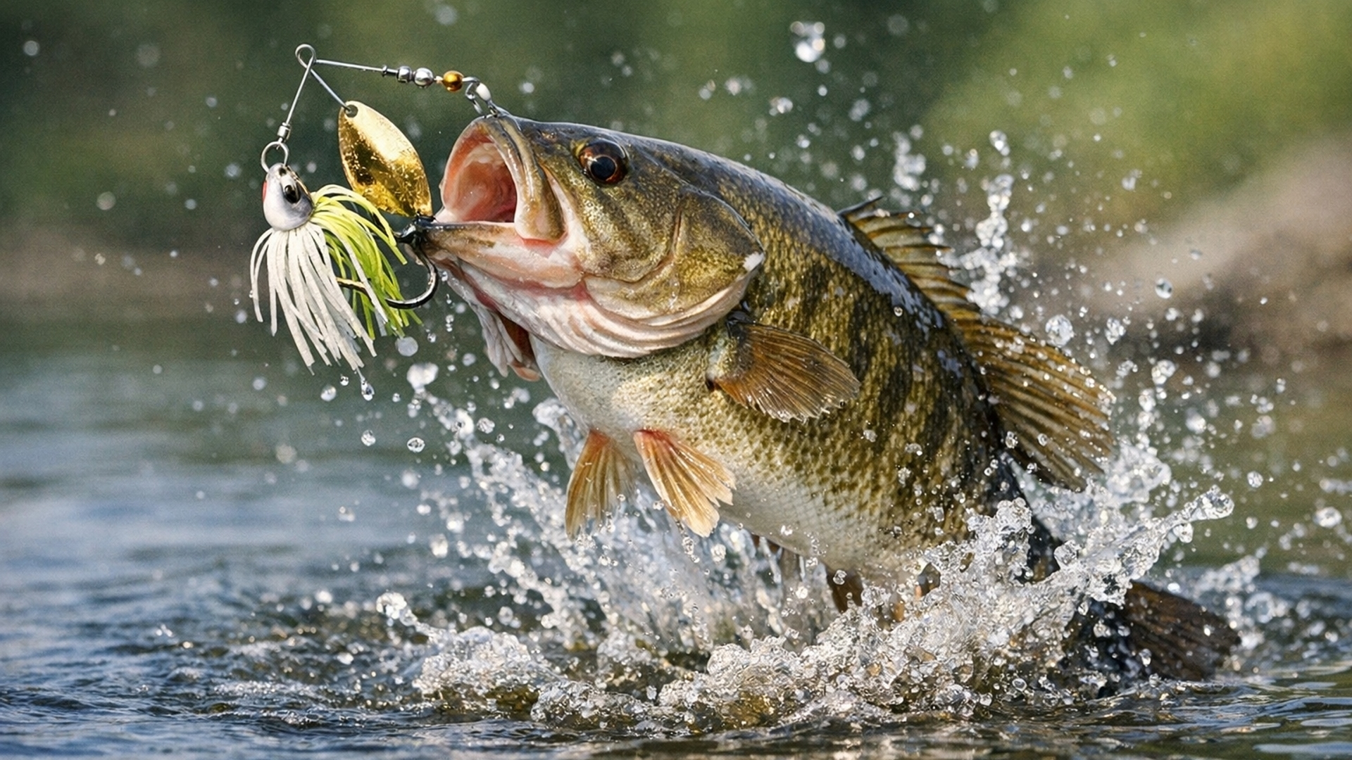 Smallmouth bass coming out of water with a spinnerbait in it's mouth 